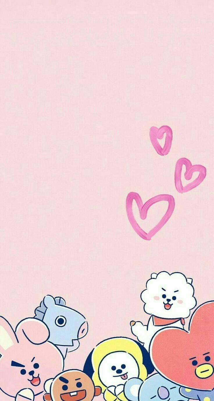 Sevimli BT21 Karakterleri Kalp Çerçeve Duvar Kağıdı