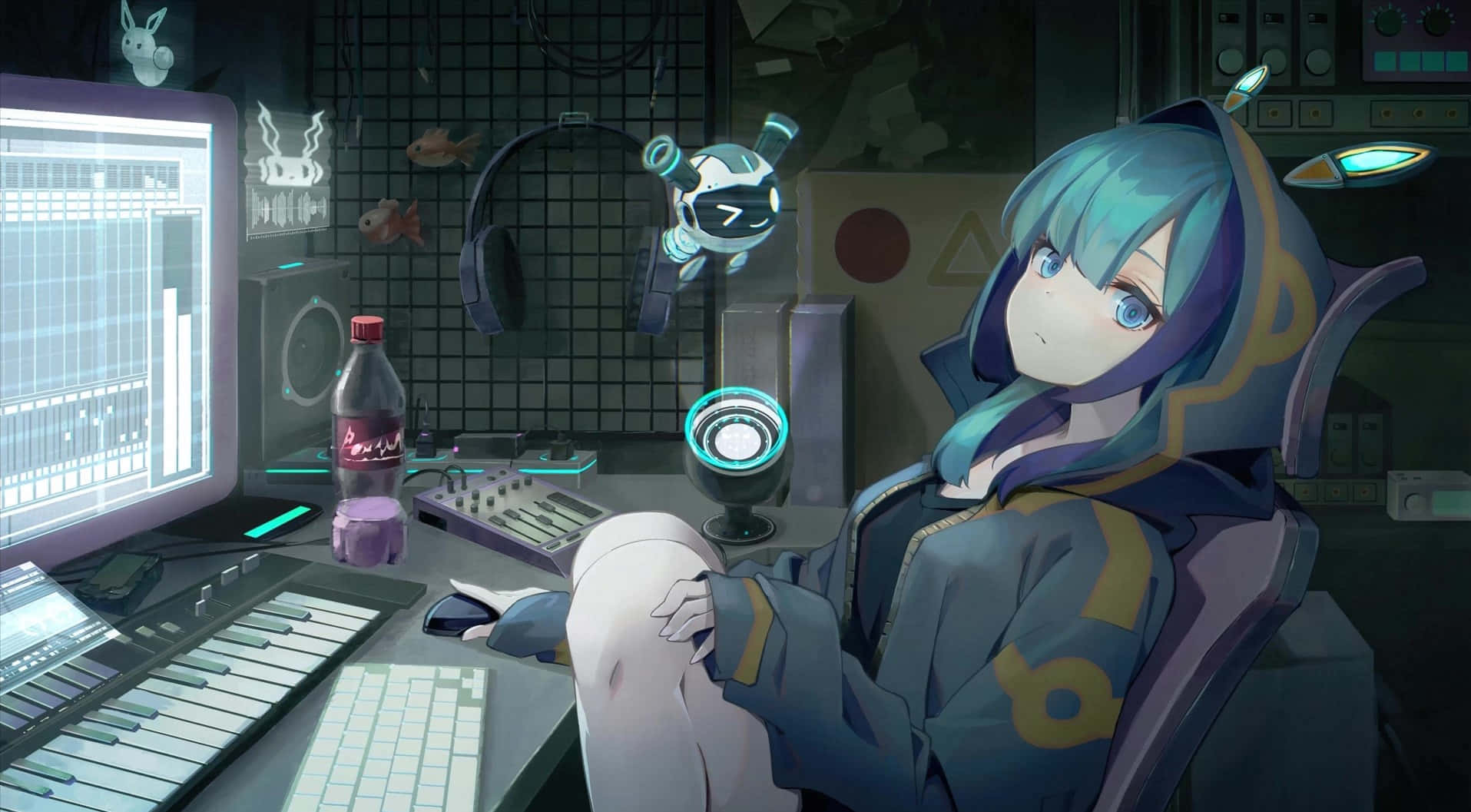 Sevimli Gamer Hatsune Miku ve Bilgisayar Düzeneği Duvar Kağıdı
