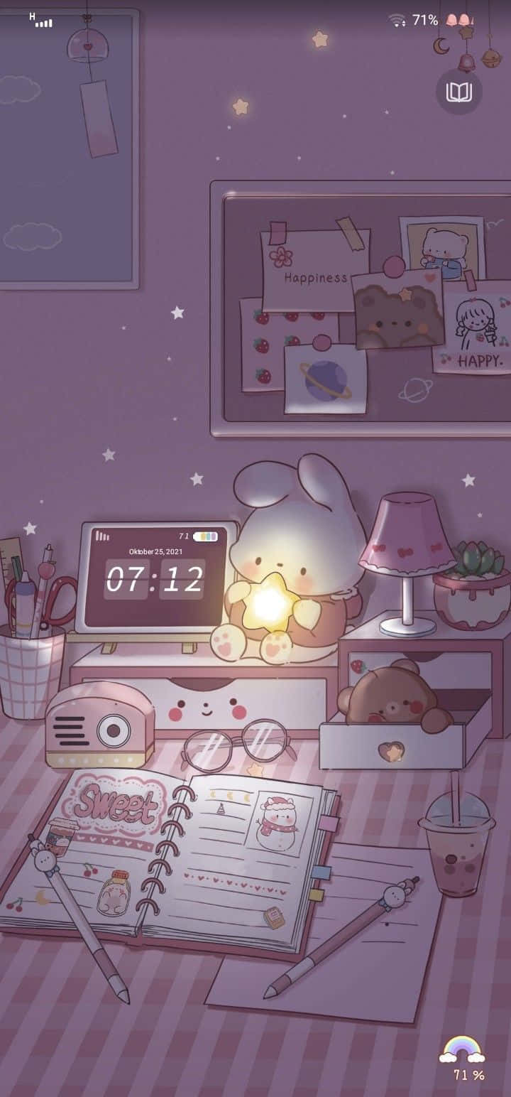 Sevimli Kawaii Tavşan Mor Çalışma Masasında Duvar Kağıdı