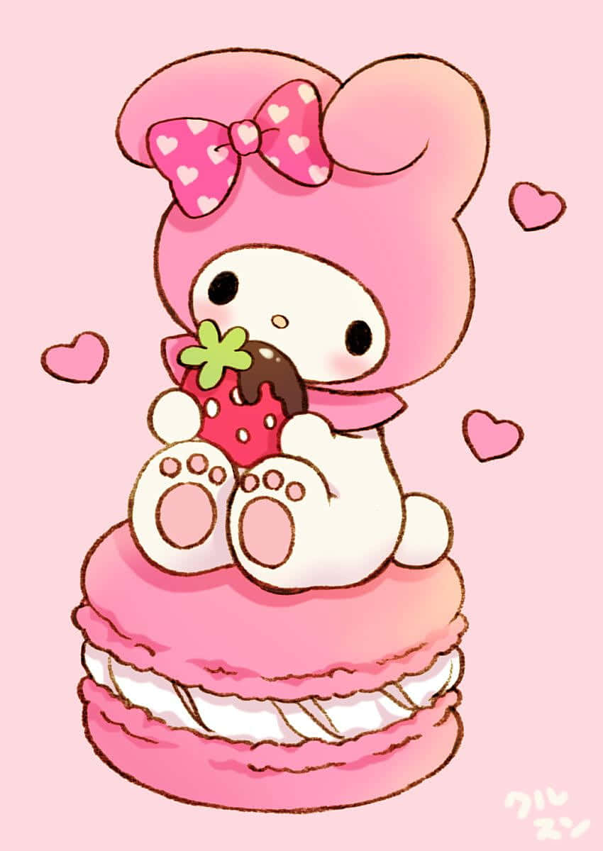 Sevimli My Melody Makaron Üzerinde Çilek Yiyor Duvar Kağıdı