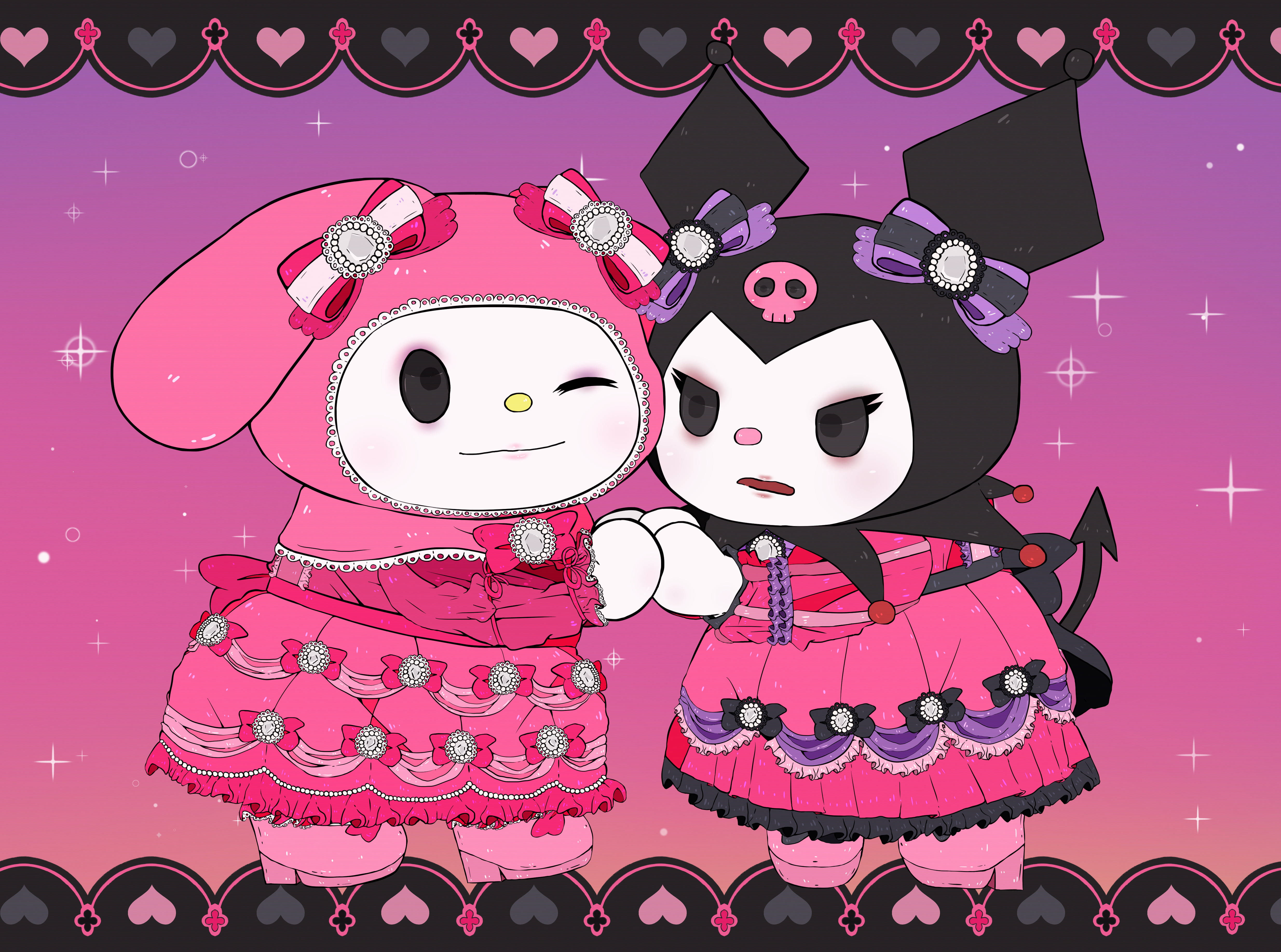 Sevimli My Melody ve Kuromi Pembe Elbiselerle Duvar Kağıdı