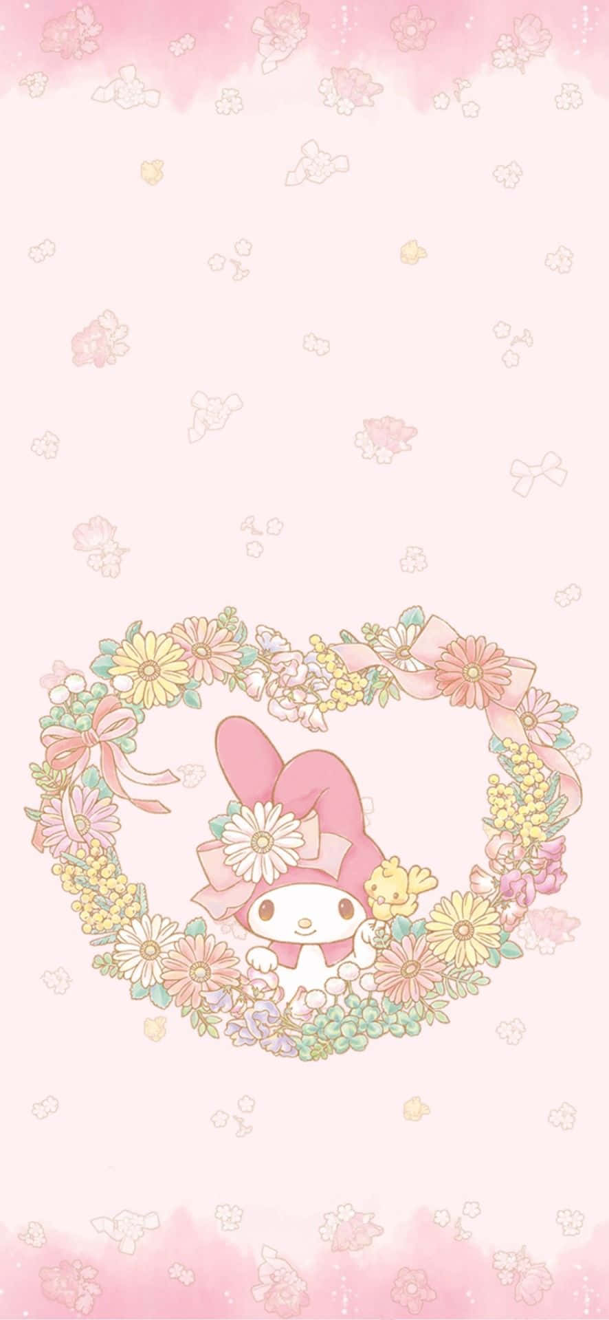Çiçekli Kalp Çerçevesinde Şirin My Melody Duvar Kağıdı