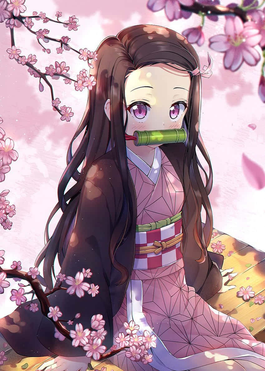 Sevimli Nezuko Kamado Sakura Estetiği Duvar Kağıdı