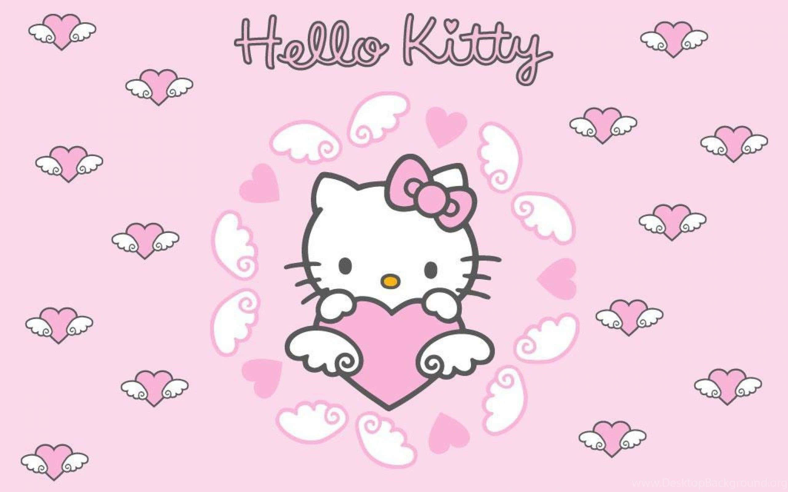 Sevimli Pembe Hello Kitty Kalpli Kanatlar Duvar Kağıdı