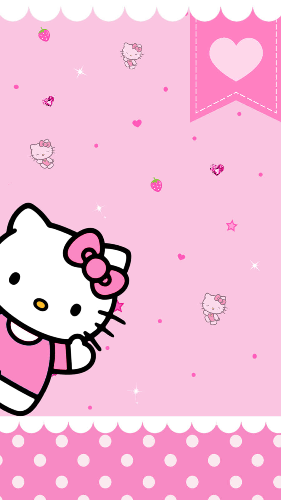 Sevimli Pembe Hello Kitty Çilekler Kalpler Duvar Kağıdı