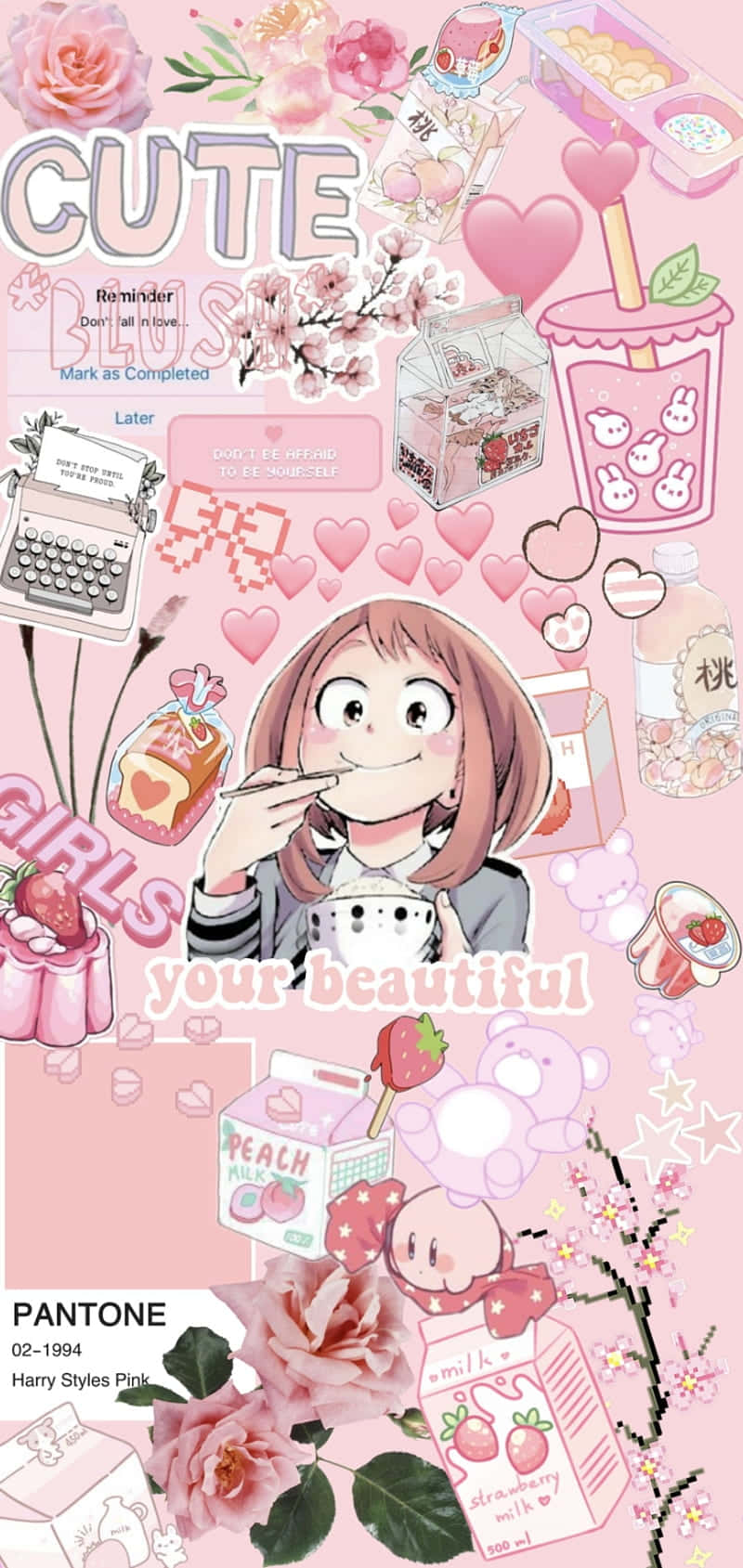 Sevimli Pembe Uraraka Estetik Kolaj Duvar Kağıdı