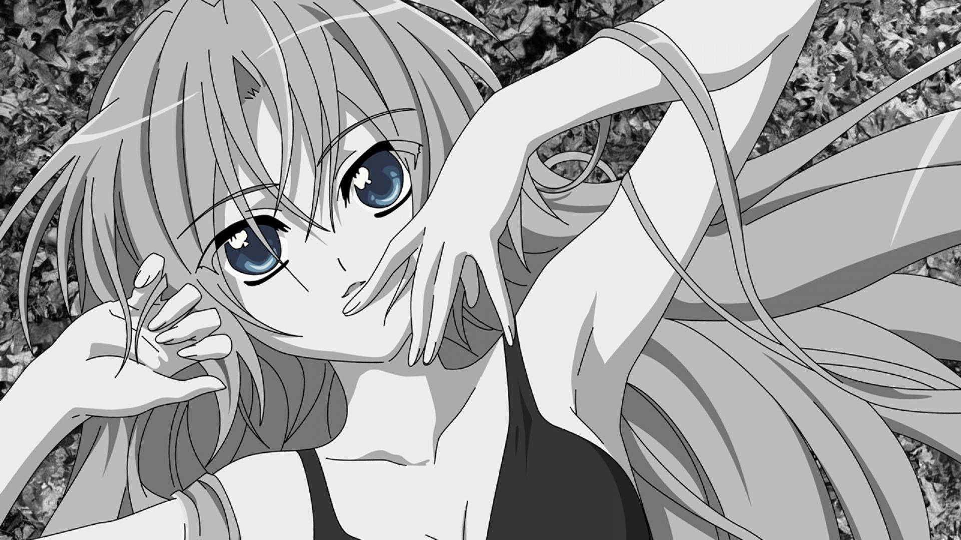 Sevimli Siyah Beyaz Estetik Anime Kızı Mavi Gözler Duvar Kağıdı