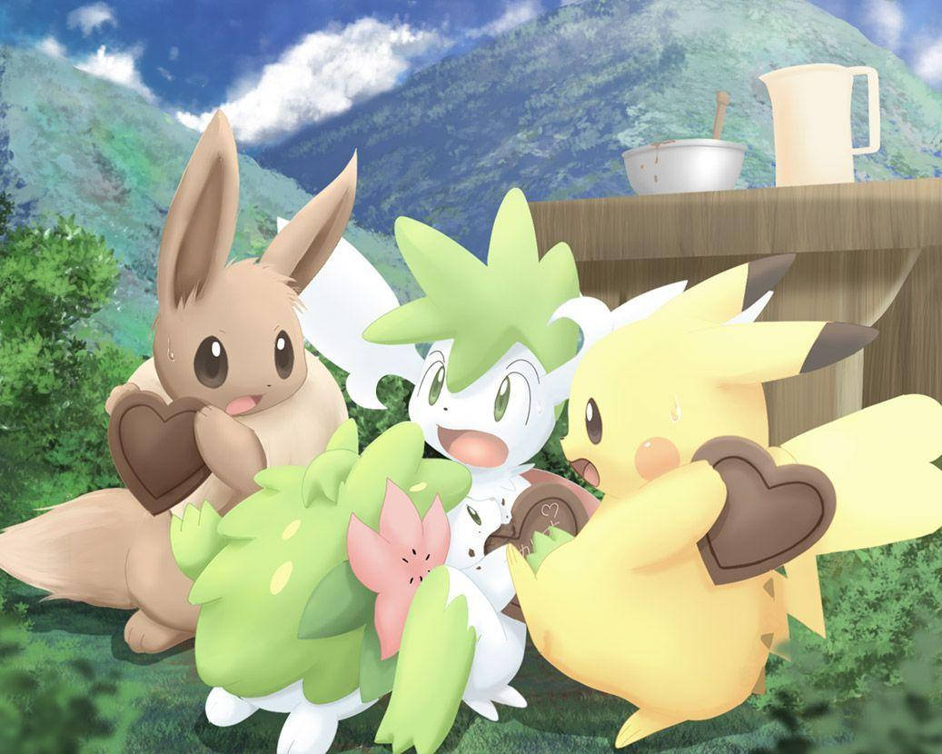 Shaymin Pikachu ve Eevee ile Oynuyor Duvar Kağıdı