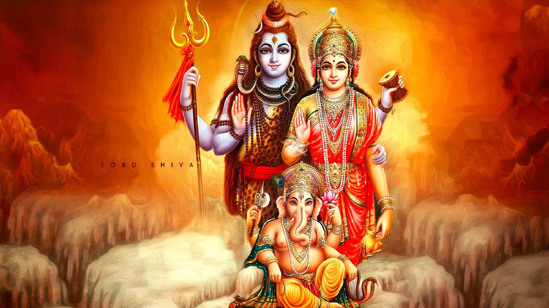 Shiva Parvati Ganesha Kırmızı ve Turuncu Arka Plan Duvar Kağıdı