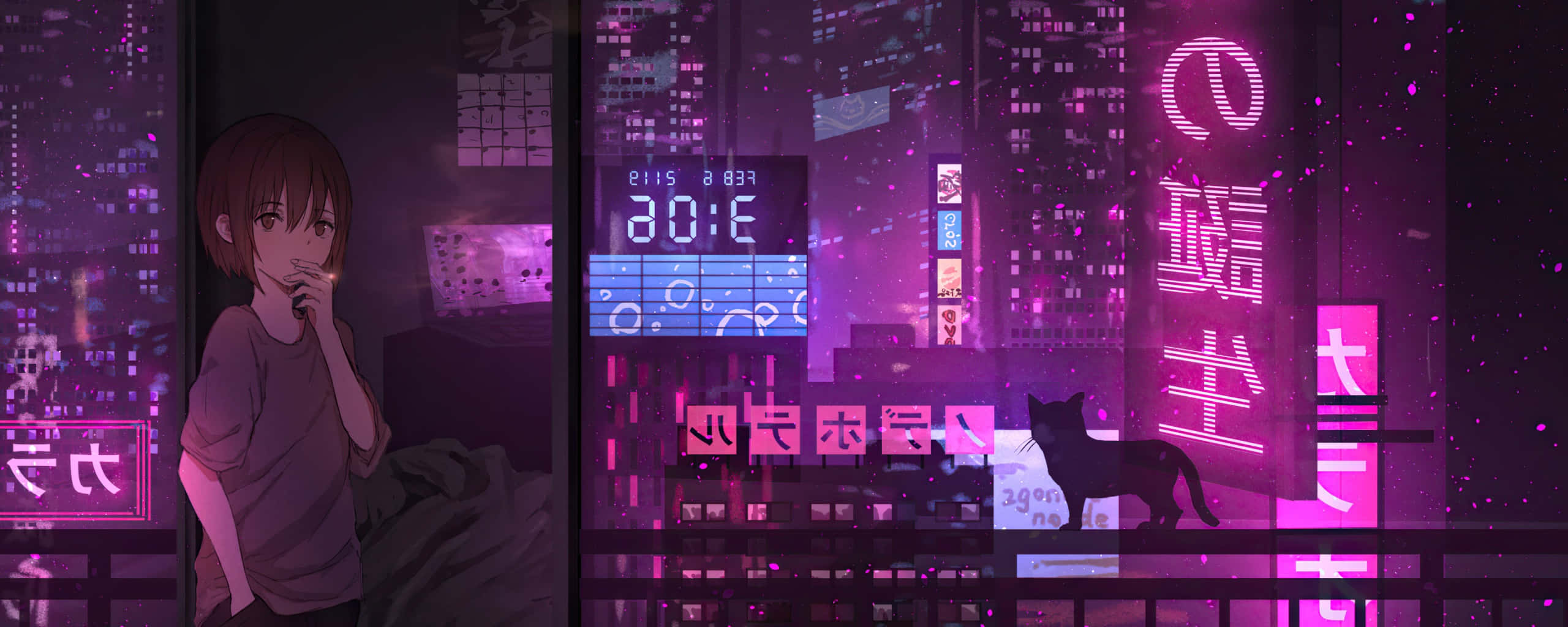 Sigara İçen Anime Kızı ve Siberpunk Şehir Işıkları Çift Monitör Duvar Kağıdı
