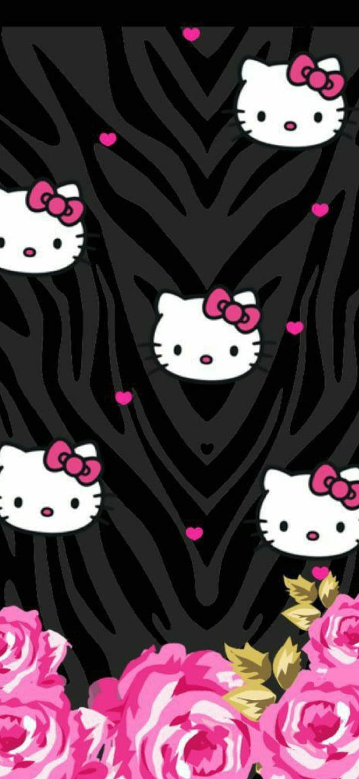 Siyah Hayvan Desenli Hello Kitty Duvar Kağıdı