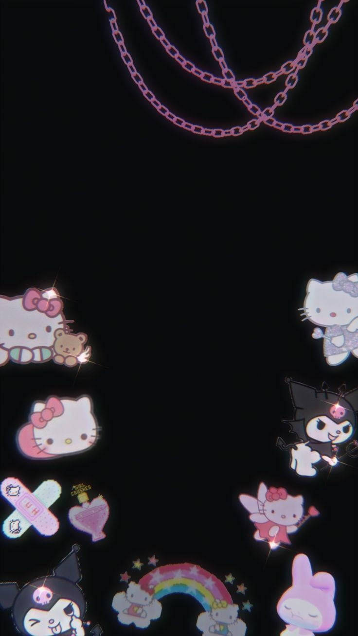 Siyah Hello Kitty ve Sanrio Karakterleri Duvar Kağıdı