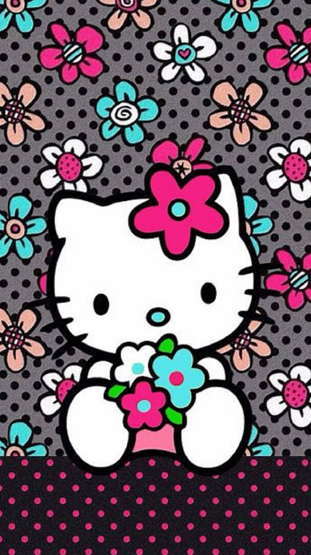 Siyah Hello Kitty Çiçeklerle Duvar Kağıdı