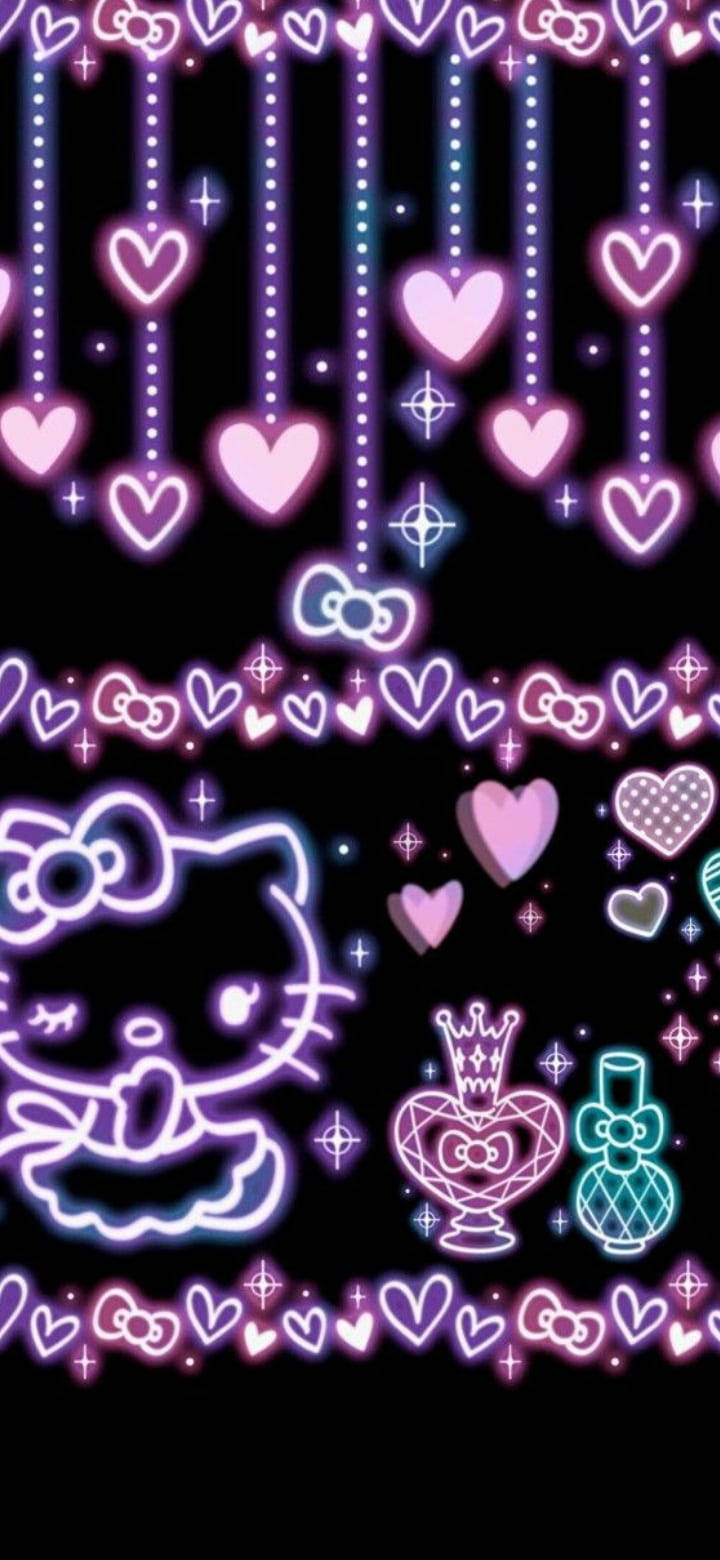 Siyah Üzerinde Mor Neon Hello Kitty Duvar Kağıdı