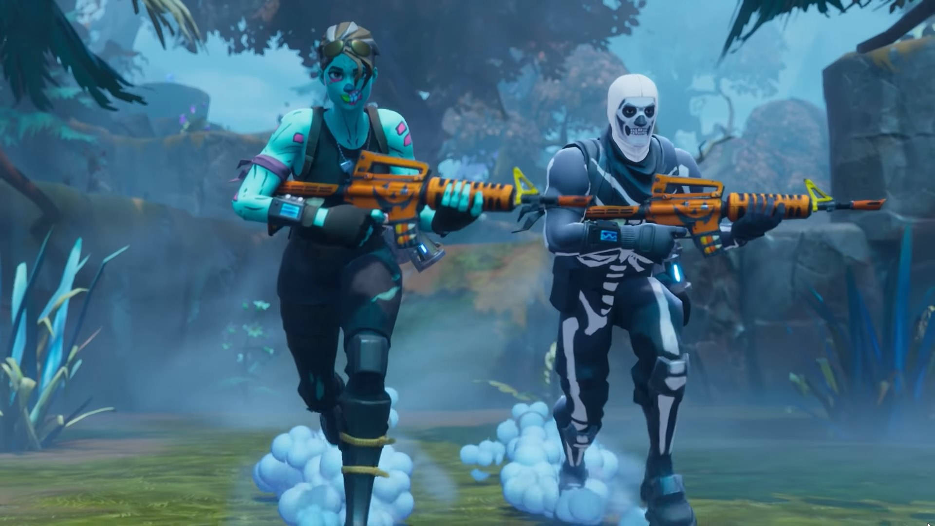 Fortnite'ta kış kostümlü iki karakter HD duvar kağıdı.
