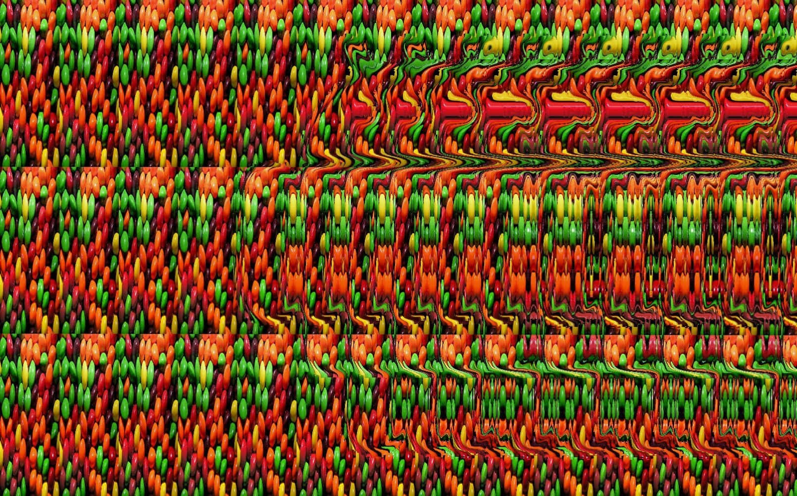 Soyut Glitch Deseni Sihirli Göz 3D Stereogram Resmi, kırmızı, yeşil ve sarı renklerde renkli soyut desen Duvar Kağıdı
