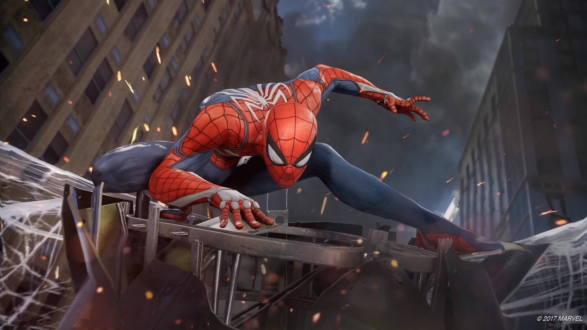 Spiderman marvel süper kahramanları aksiyonda, yıkık şehir ile savaş alanında. — Spiderman Duvar Kağıdı