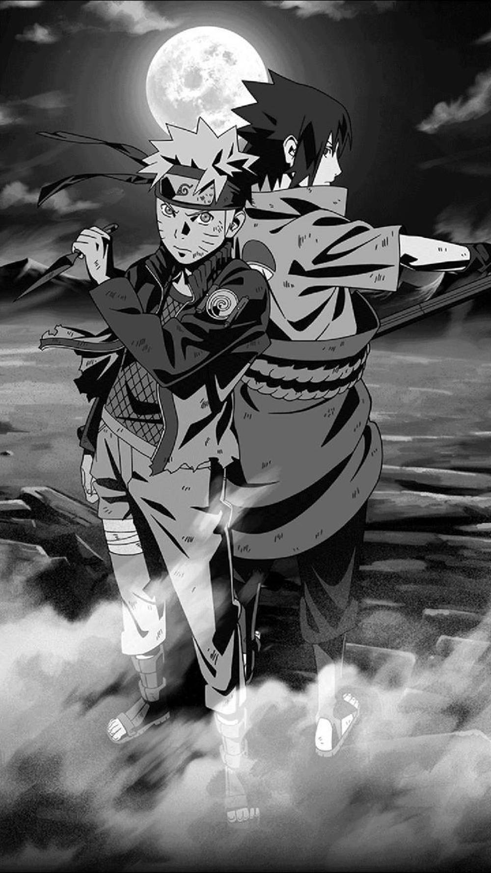 Sırt Sırta Sasuke ve Naruto Siyah Duvar Kağıdı