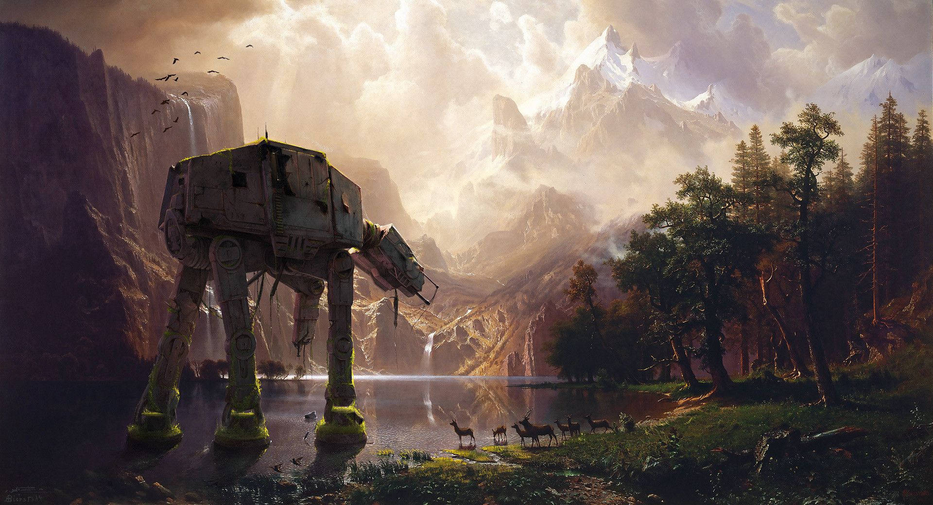 Star Wars duvar kağıdı: Dağda geyikler ve ağaçlarla yürüyen dinozor robot.