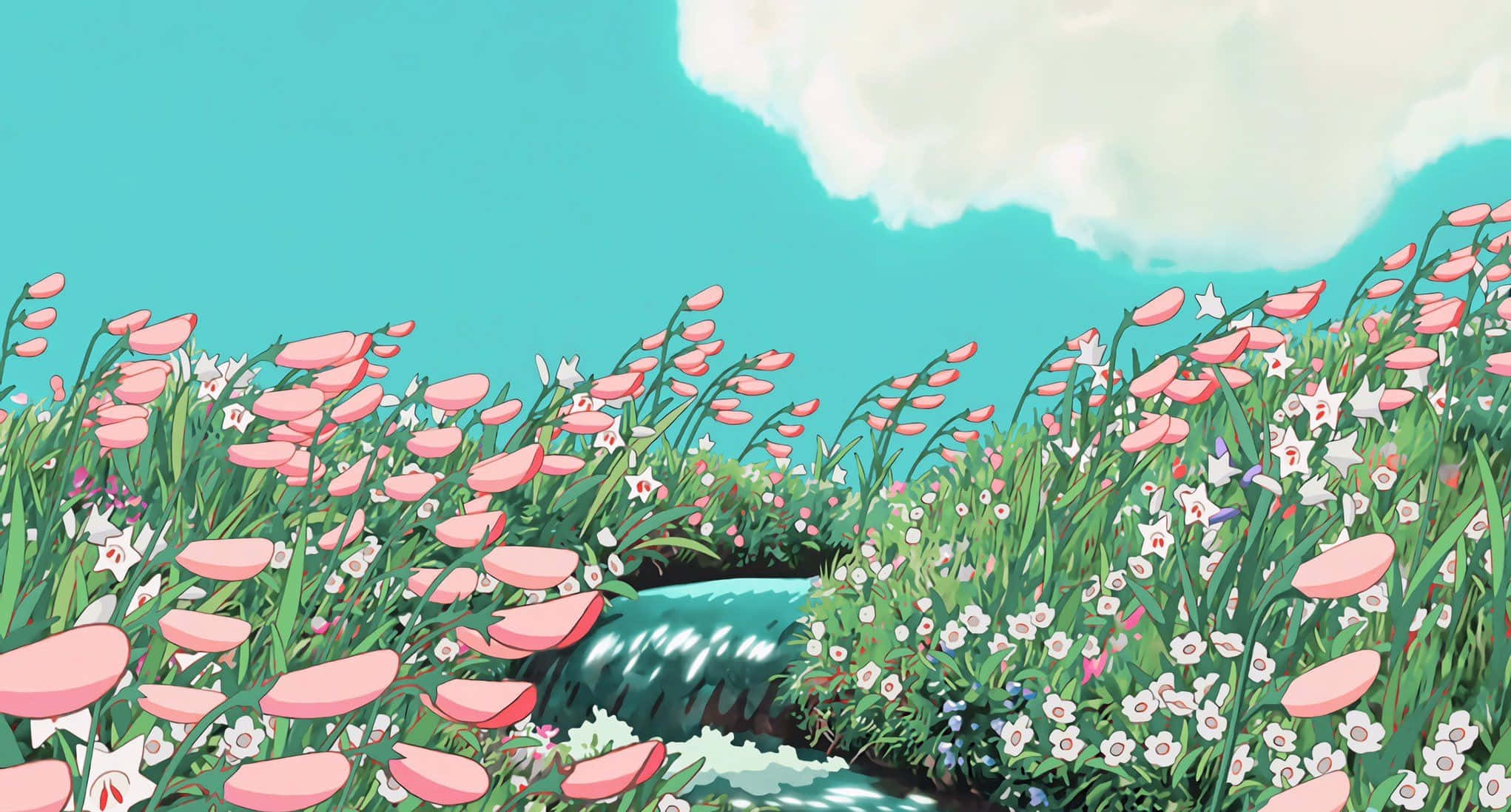 Studio Ghibli Estetik Masaüstü Howl'un Hareketli Şatosu Nehir Duvar Kağıdı