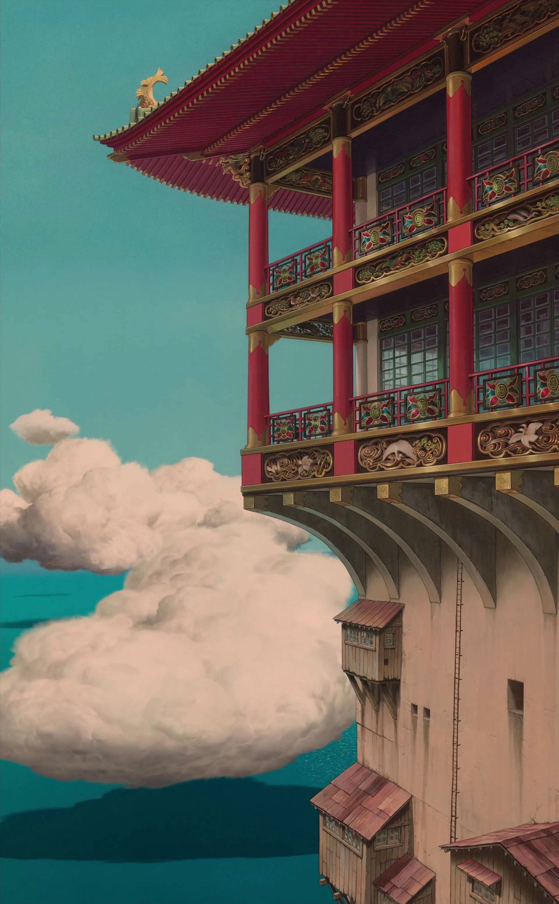 Studio Ghibli Manzarası Deniz Üzerinde Kale Duvar Kağıdı
