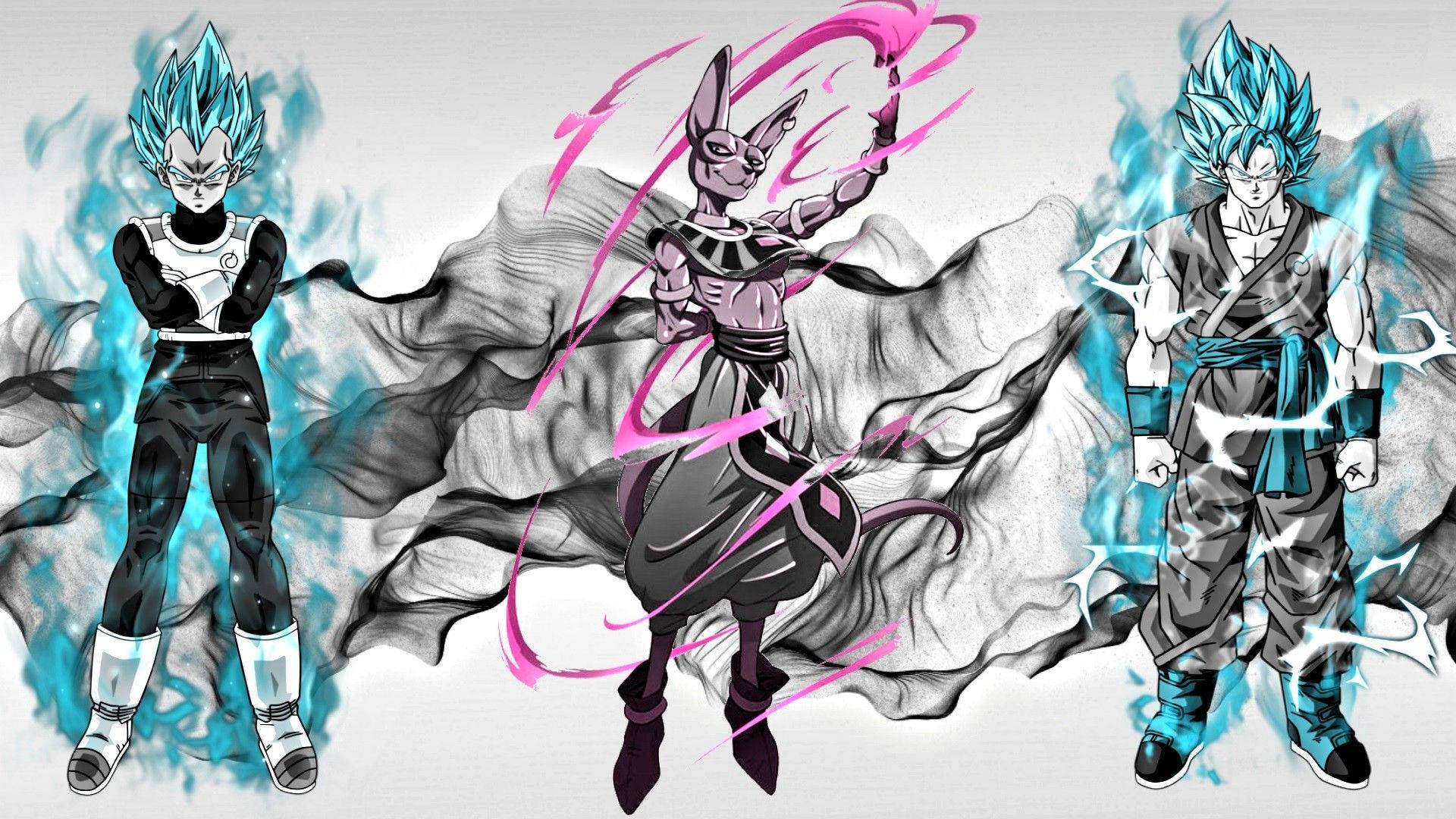 Dragon Ball Super broly, Vegeta ve San Goku gri bir arka planda süper saiyan modunda.