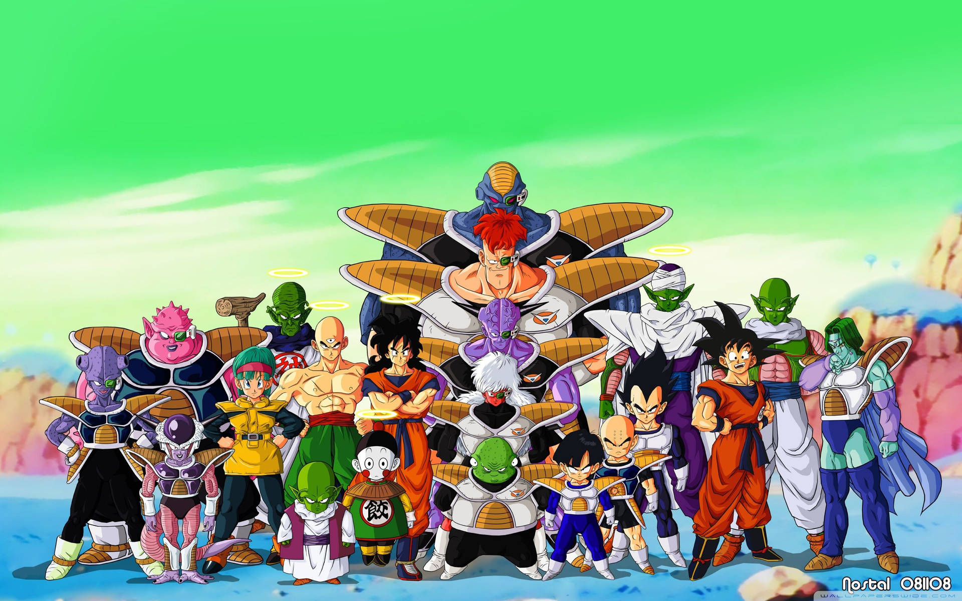Dragon Ball Z karakterleri Namek gezegeninde San Goku, Piccolo ve diğer androidlerle.