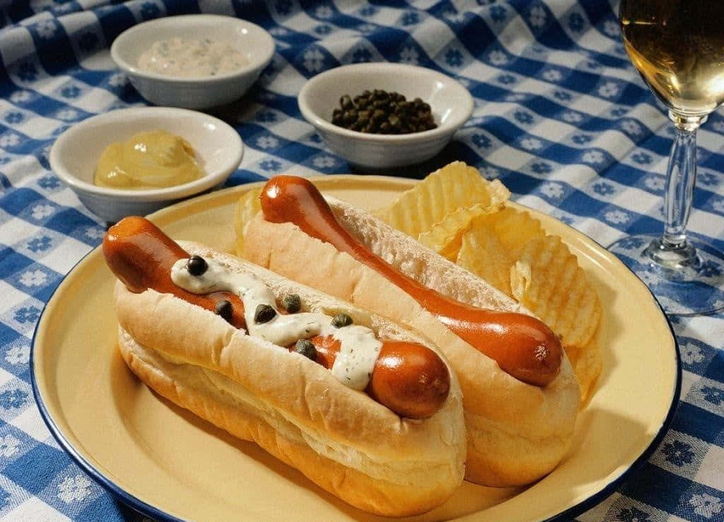 tabakta sosisli sandviç, patates kızartması ve bir kadeh şarap Duvar Kağıdı