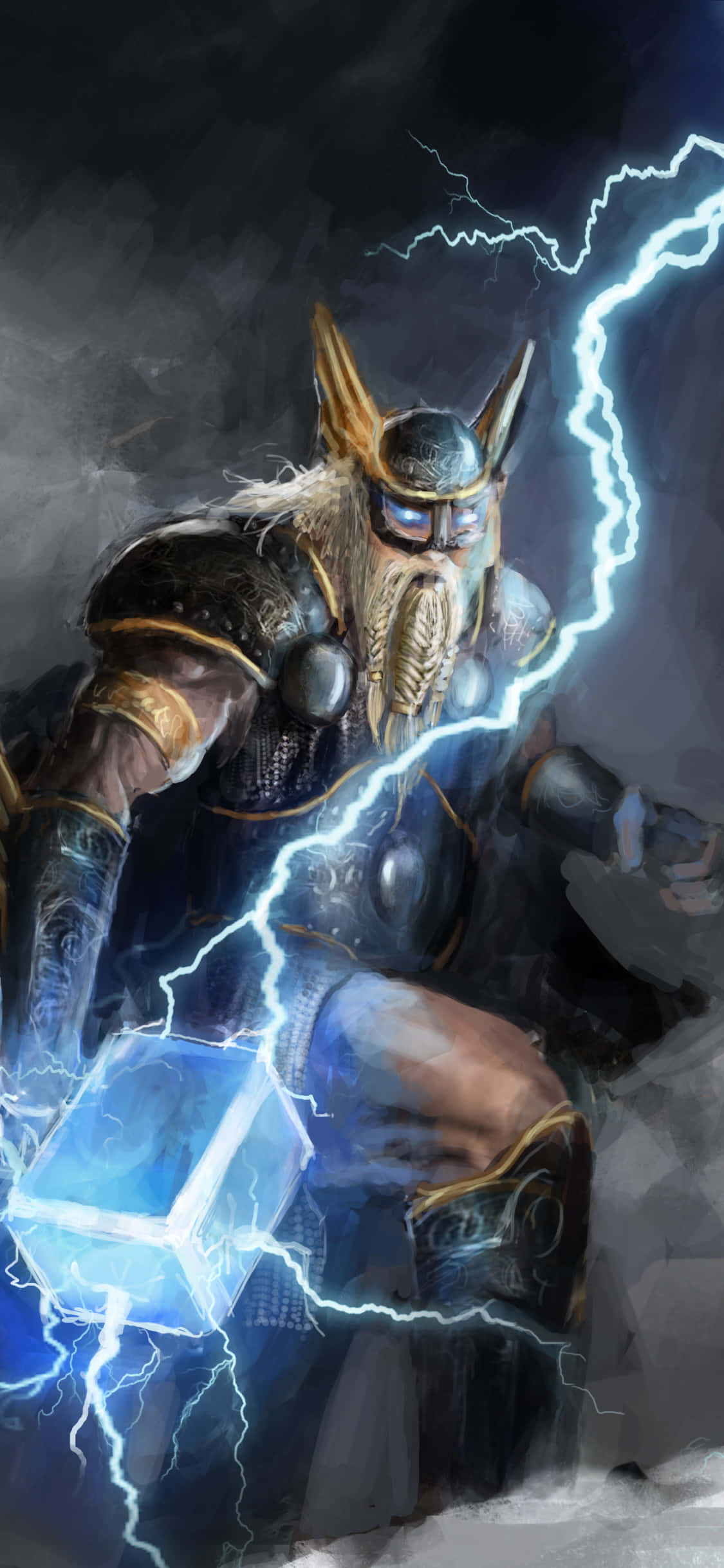 Tahtında oturan Odin, mistik bulutlarla çevrili ve bilinmeyen bir kaynak tarafından aydınlatılmış. Duvar Kağıdı