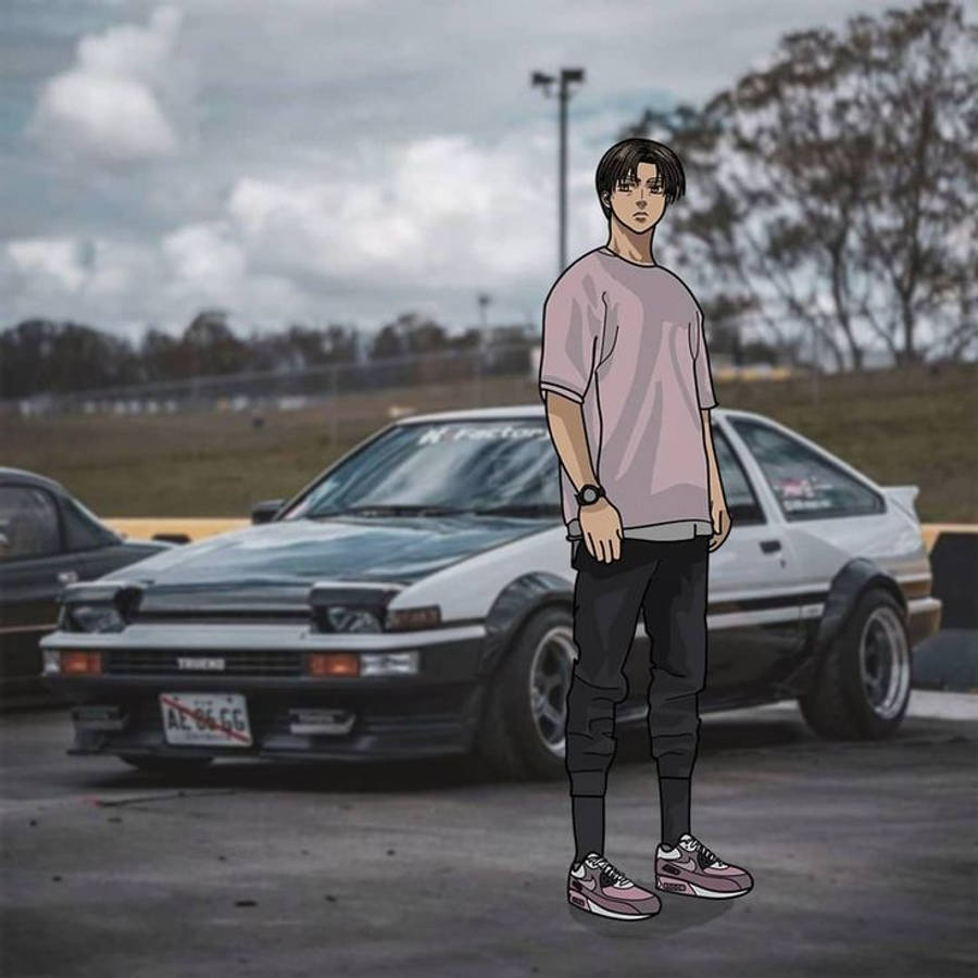 Takumi Fujiwara Arabanın Önünde Anime Duvar Kağıdı