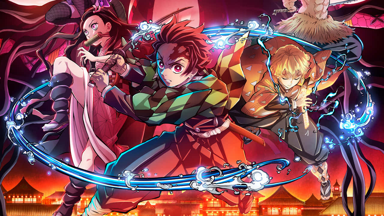 Tanjiro Kamado, Demon Slayer: Kimetsu no Yaiba'da Nichirin Kılıcıyla Şeytanları Alt Ediyor Duvar Kağıdı