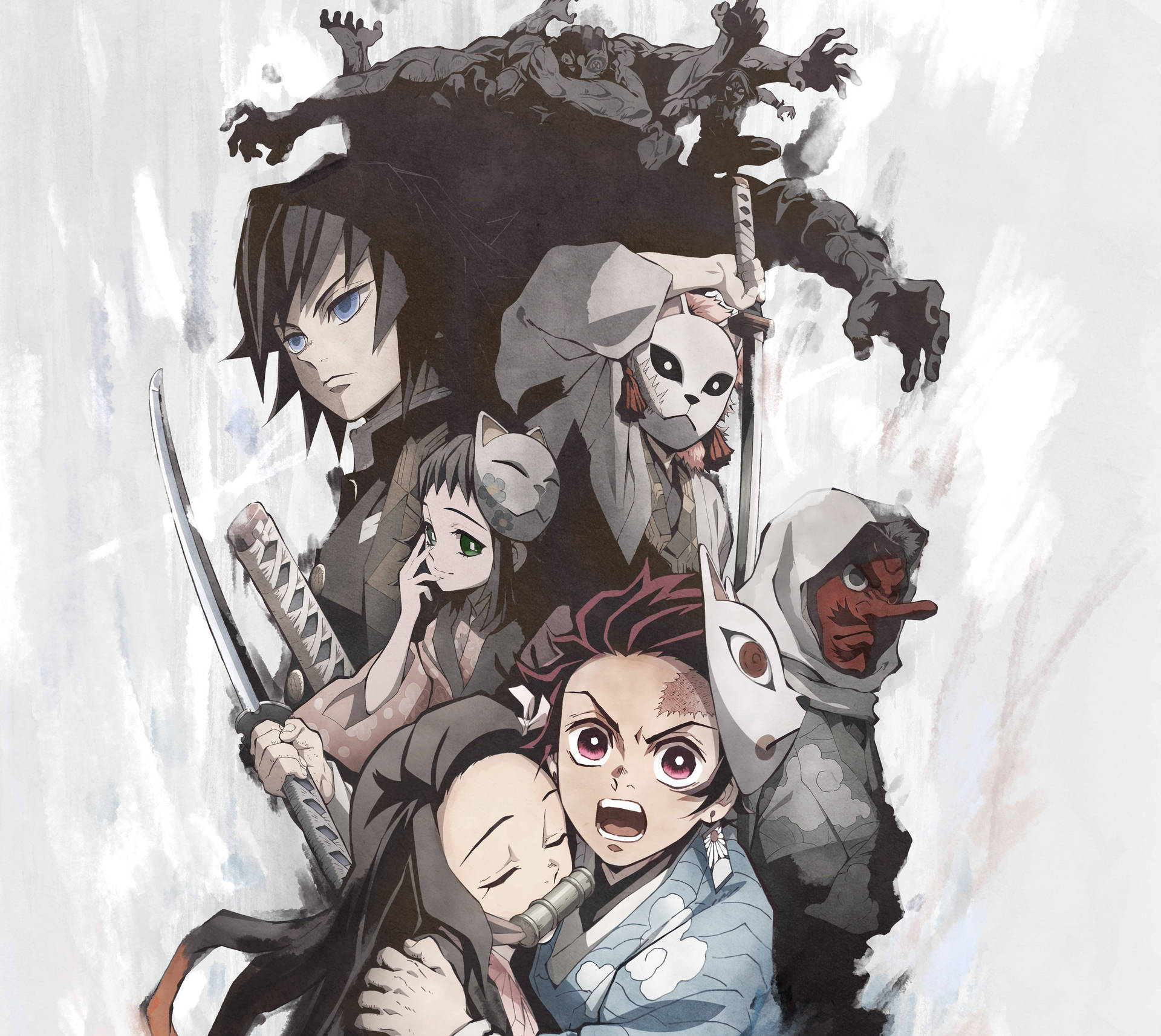 Tanjiro ve diğerlerinin, birçok kolu olan bir iblisle birlikte olduğu Demon Slayer duvar kağıdı.