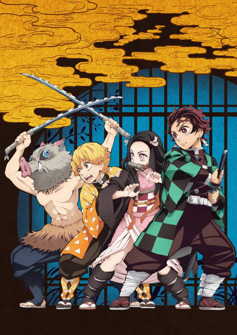 Tanjiro ve Nezuko, Inosuke ve Zenitsu ile Sarı Bulut Duvar Kağıdı