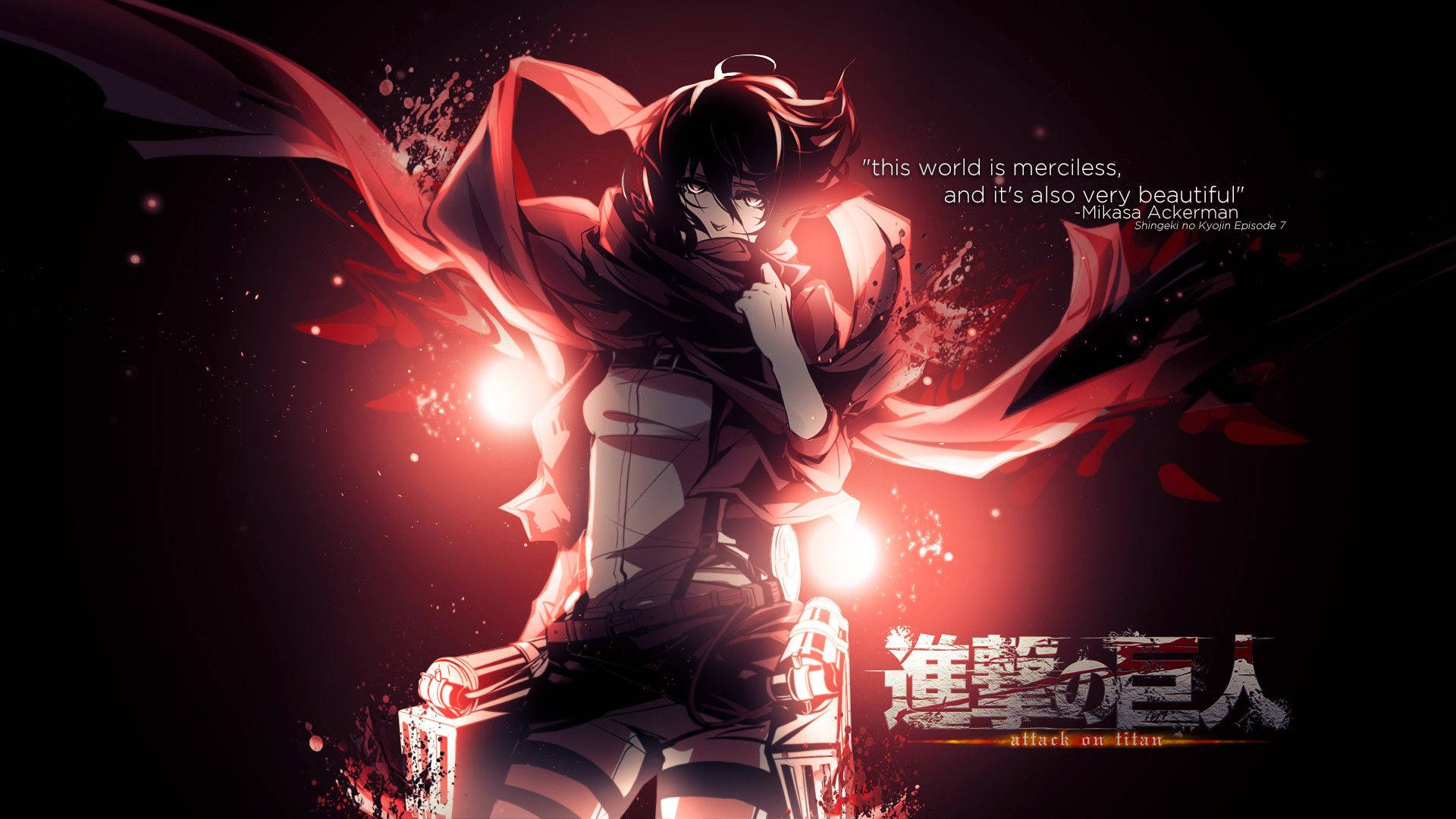 Attack on Titan duvar kağıdında, Mikasa Ackerman'ın yüzüne kırmızı bir atkı tutması ve alıntı içermesi.