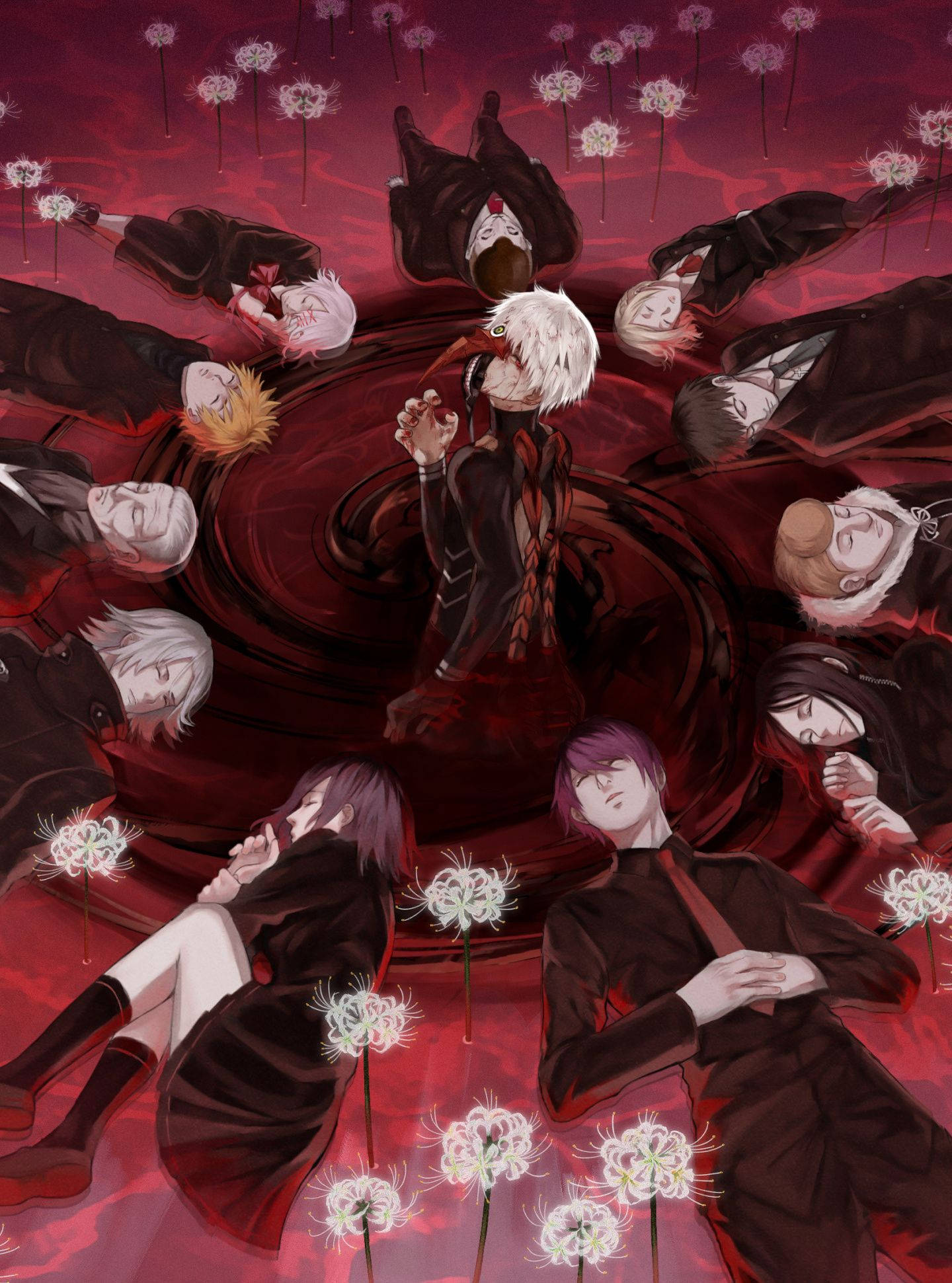 Tokyo Ghoul Karakterleri Kırmızı Grafik Sanatı Duvar Kağıdı