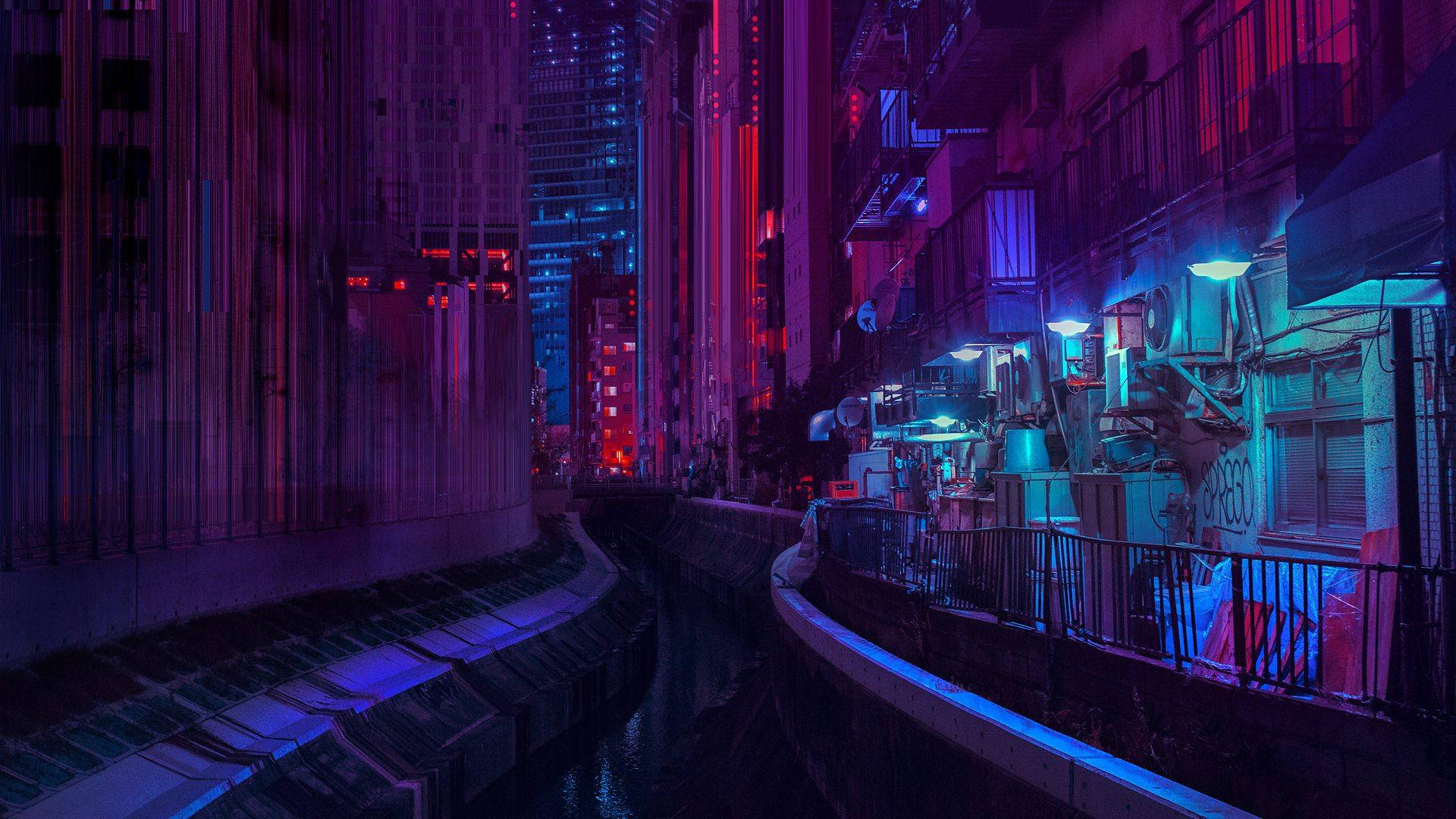 Tokyo Şehir Işıkları Mor Estetik Anime Duvar Kağıdı