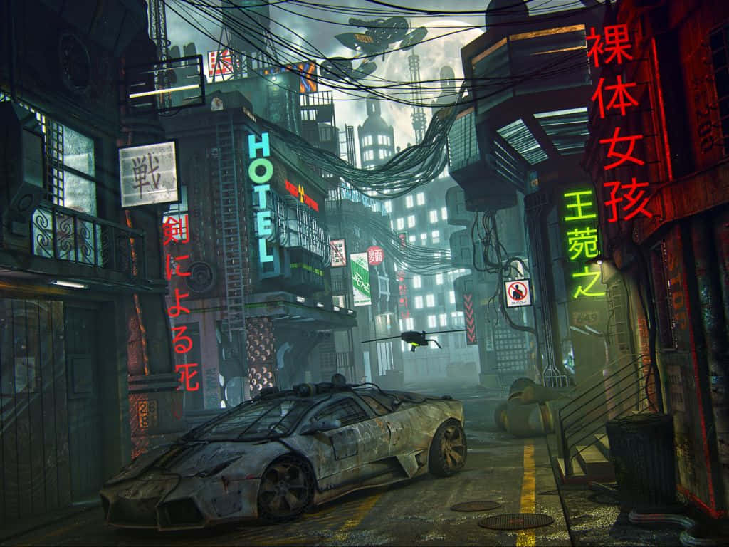 Tokyo Şehirinde Anime Tarzında Terk Edilmiş Araba Duvar Kağıdı