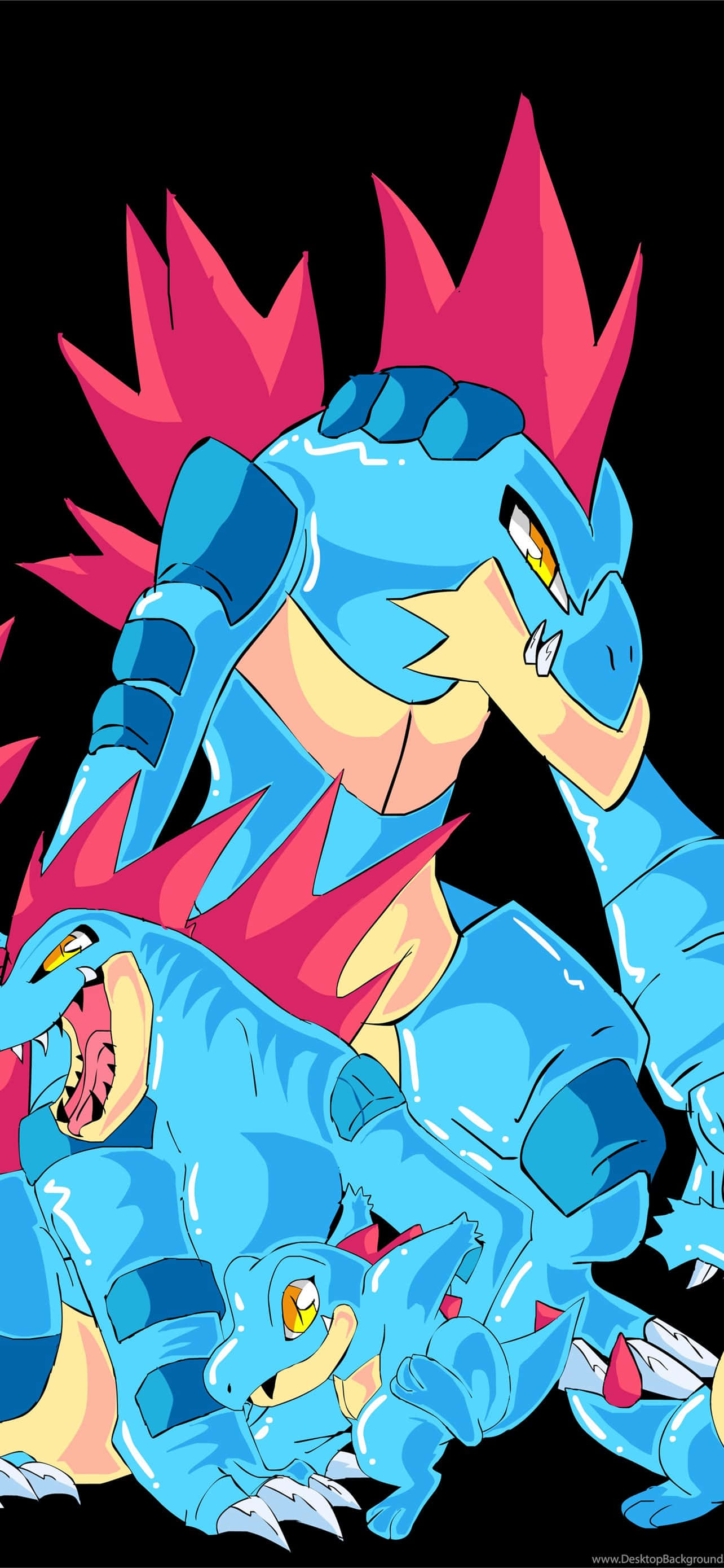 Totodile Evrimi - Siyah Zemin Üzerinde Totodile, Croconaw ve Feraligatr Görüntüleri Duvar Kağıdı