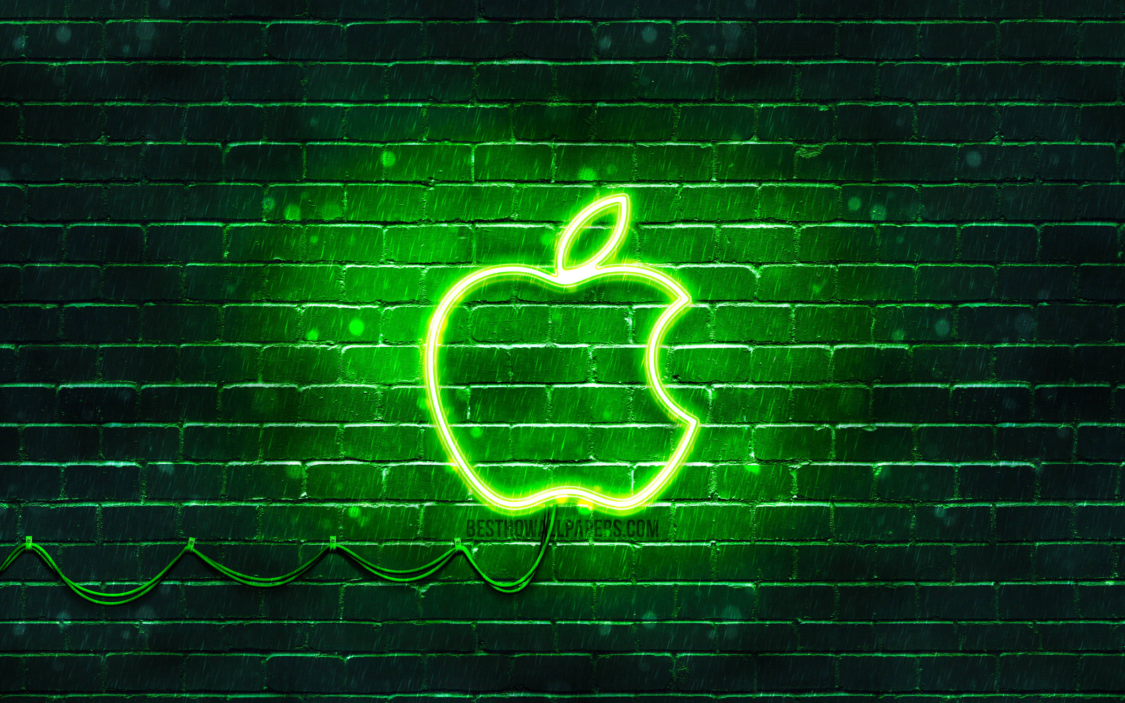 Tuğla Duvar Üzerinde Neon Yeşil Apple Logosu Estetiği Duvar Kağıdı