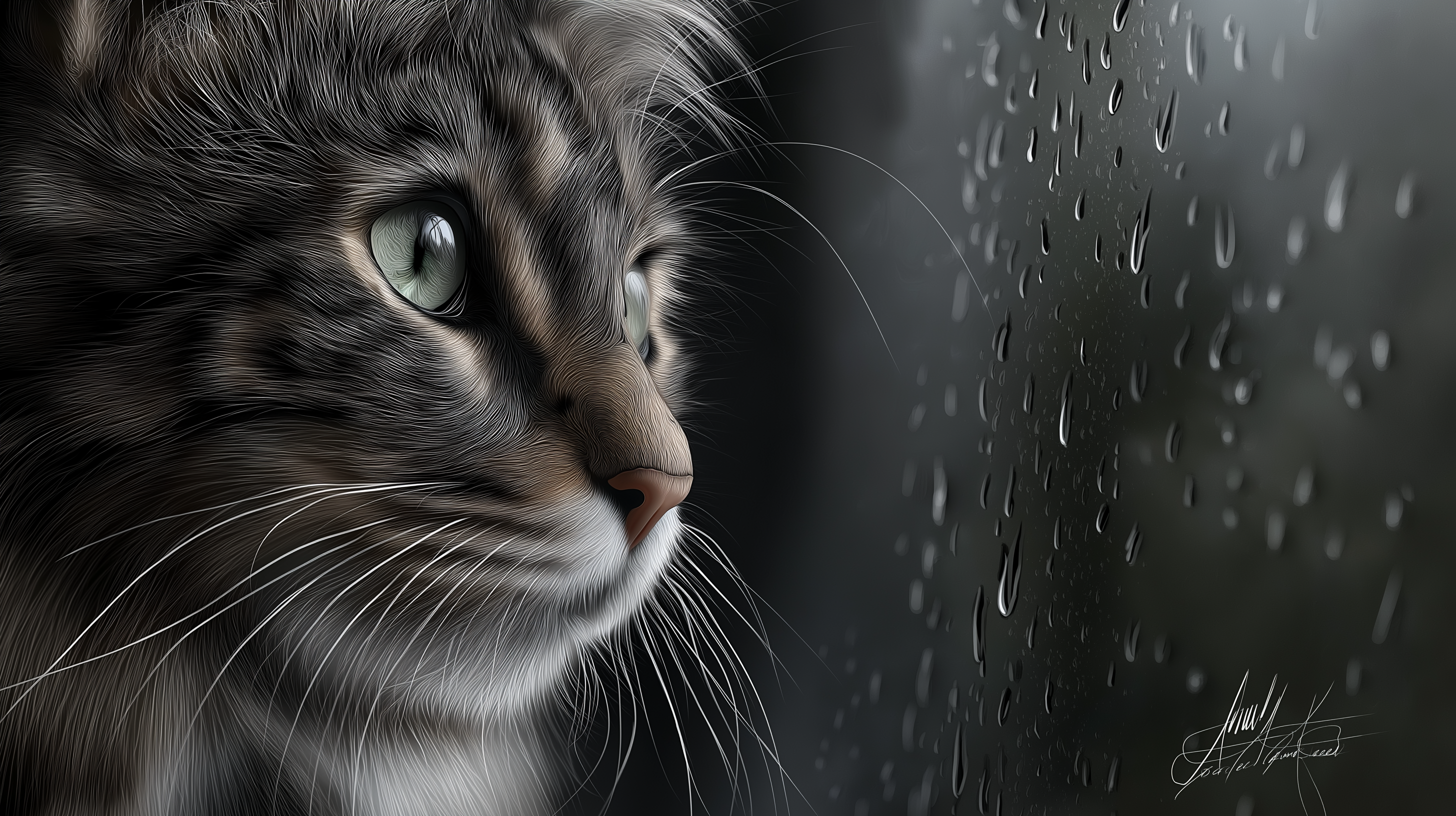 Tüylü Kedi Yağmurlu Pencereden Dışarı Bakıyor Duvar Kağıdı