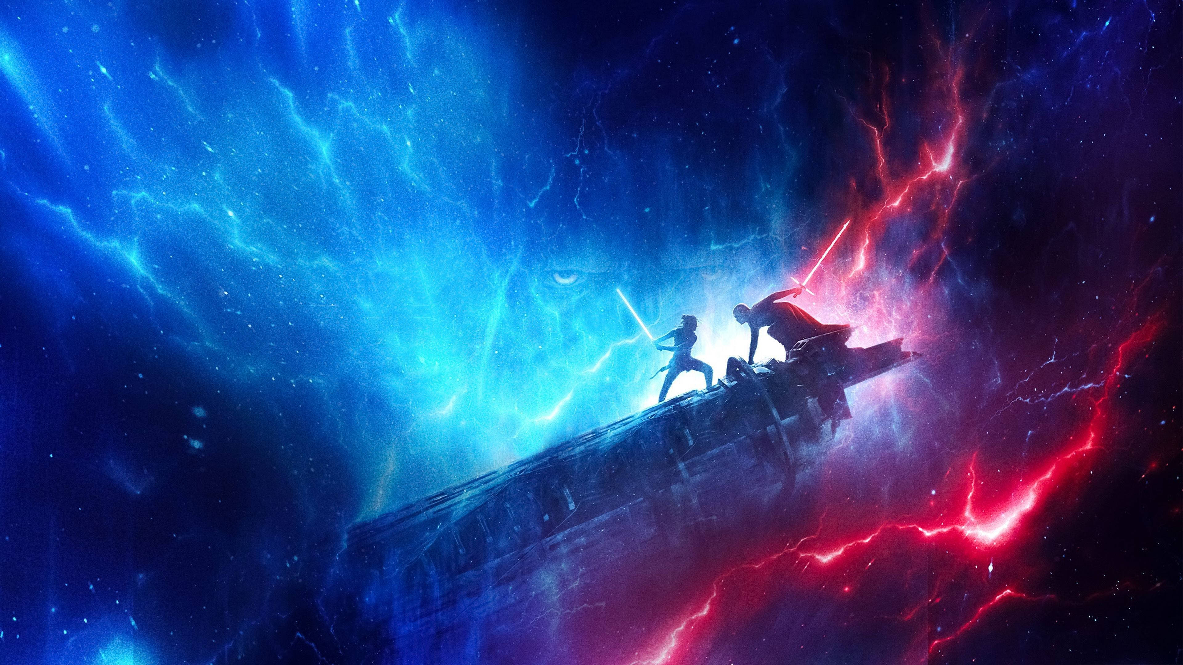 TV 4K Star Wars Rey Kylo Ren Mavi ve Kırmızı Duvar Kağıdı