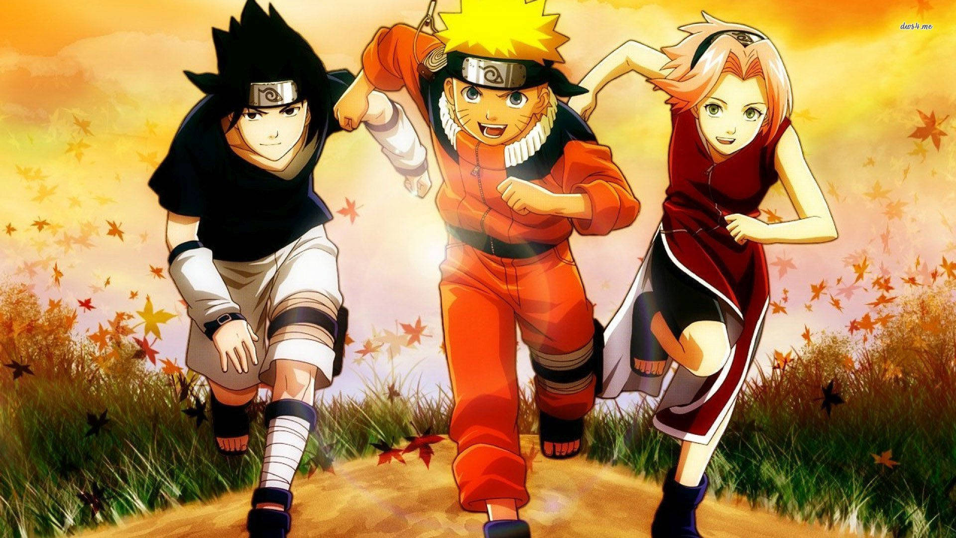 Üç genç ninja - Naruto, Sakura ve Sasuke birlikte koşuyor. Duvar Kağıdı