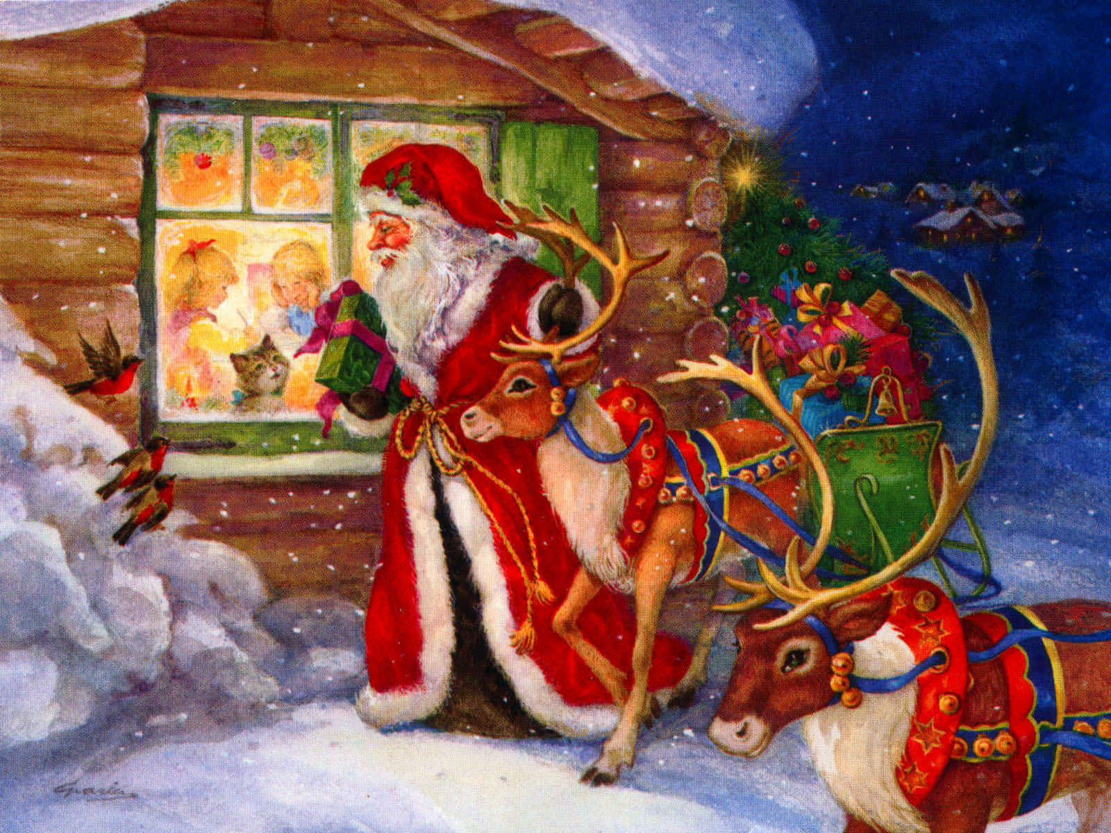 Ücretsiz Noel Duvar Kağıdı: Noel Baba ve Ren Geyikleri Tablosu Duvar Kağıdı