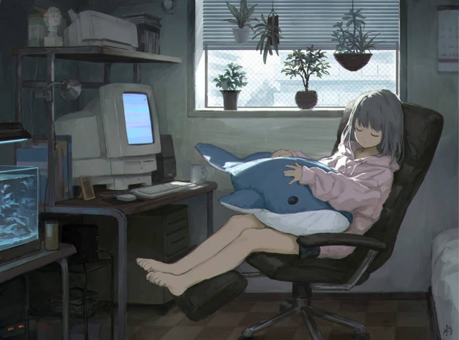 Uyuyan Anime Kızı ve Dizüstü Bilgisayarı Duvar Kağıdı