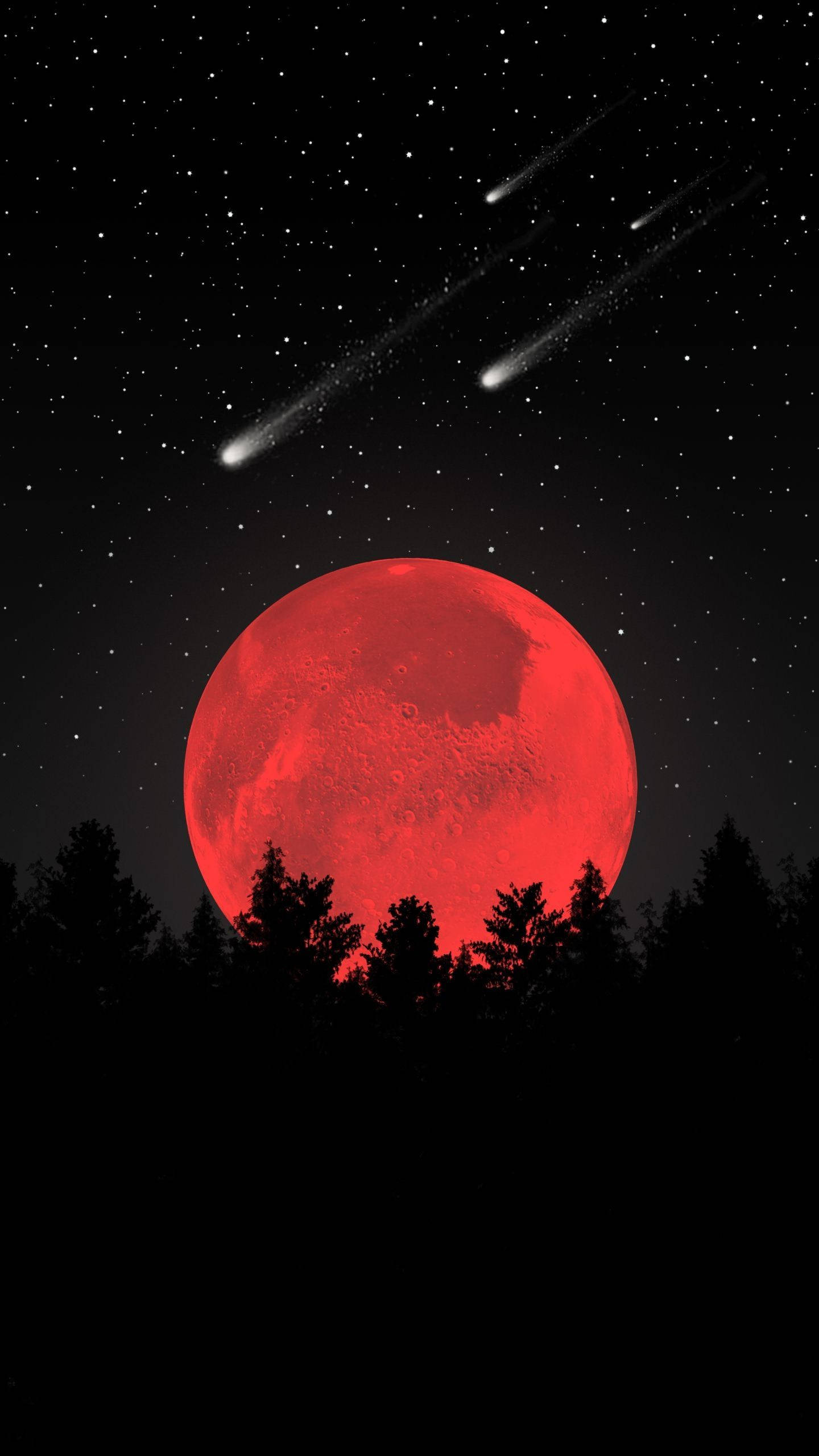 Uzay Estetiği Kırmızı Ay ve Meteor Duvar Kağıdı