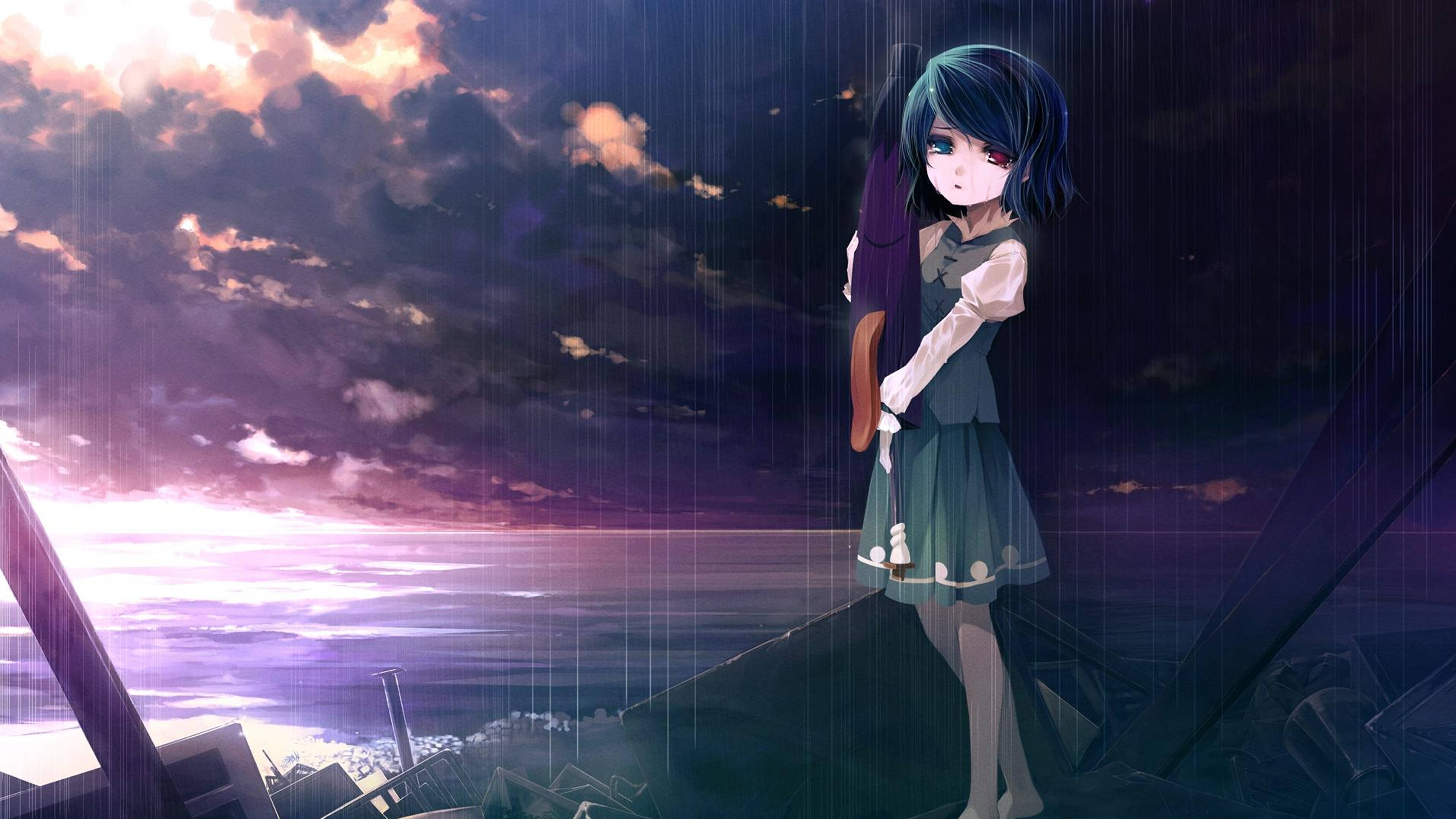 Üzgün Anime 4K Ağlayan Kırmızı Gözlü Kız Duvar Kağıdı