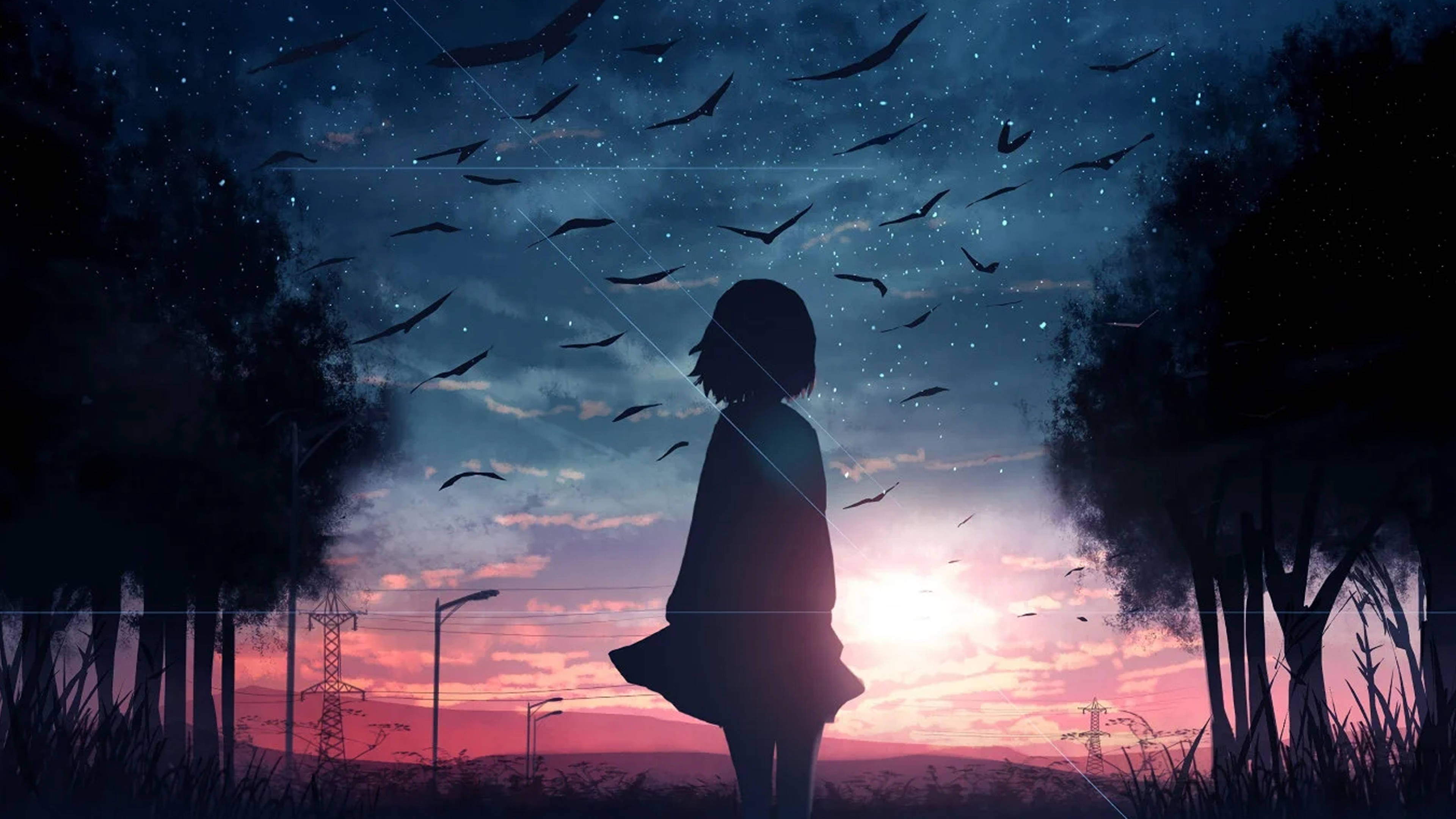 Üzgün Anime 4K Kız Gökyüzüne Bakıyor Duvar Kağıdı