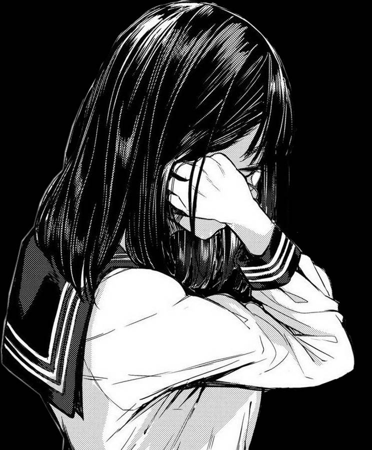 Üzgün Anime Kızı Siyah Beyaz Üniformalı Duvar Kağıdı