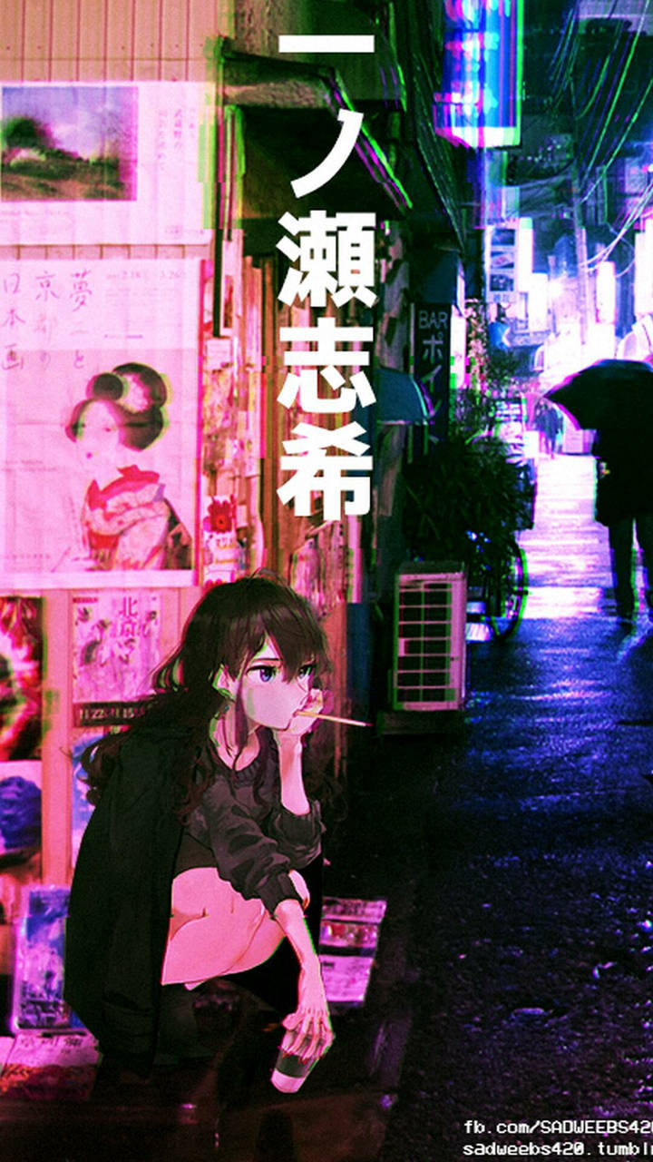 Üzgün Anime Kızı Japon Şehri Estetiği Duvar Kağıdı