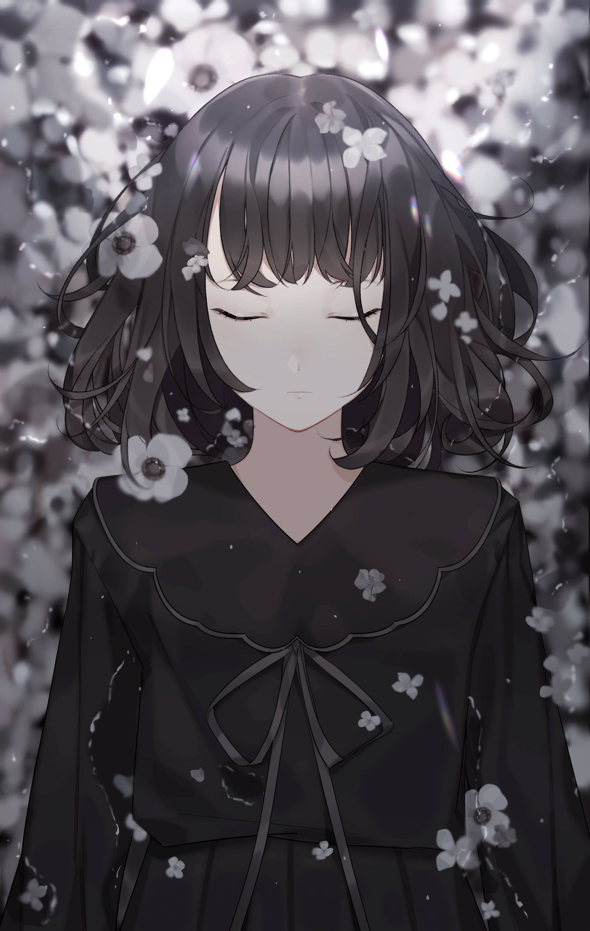 Üzgün Anime Kızı Siyah Beyaz Çiçeklerle Duvar Kağıdı
